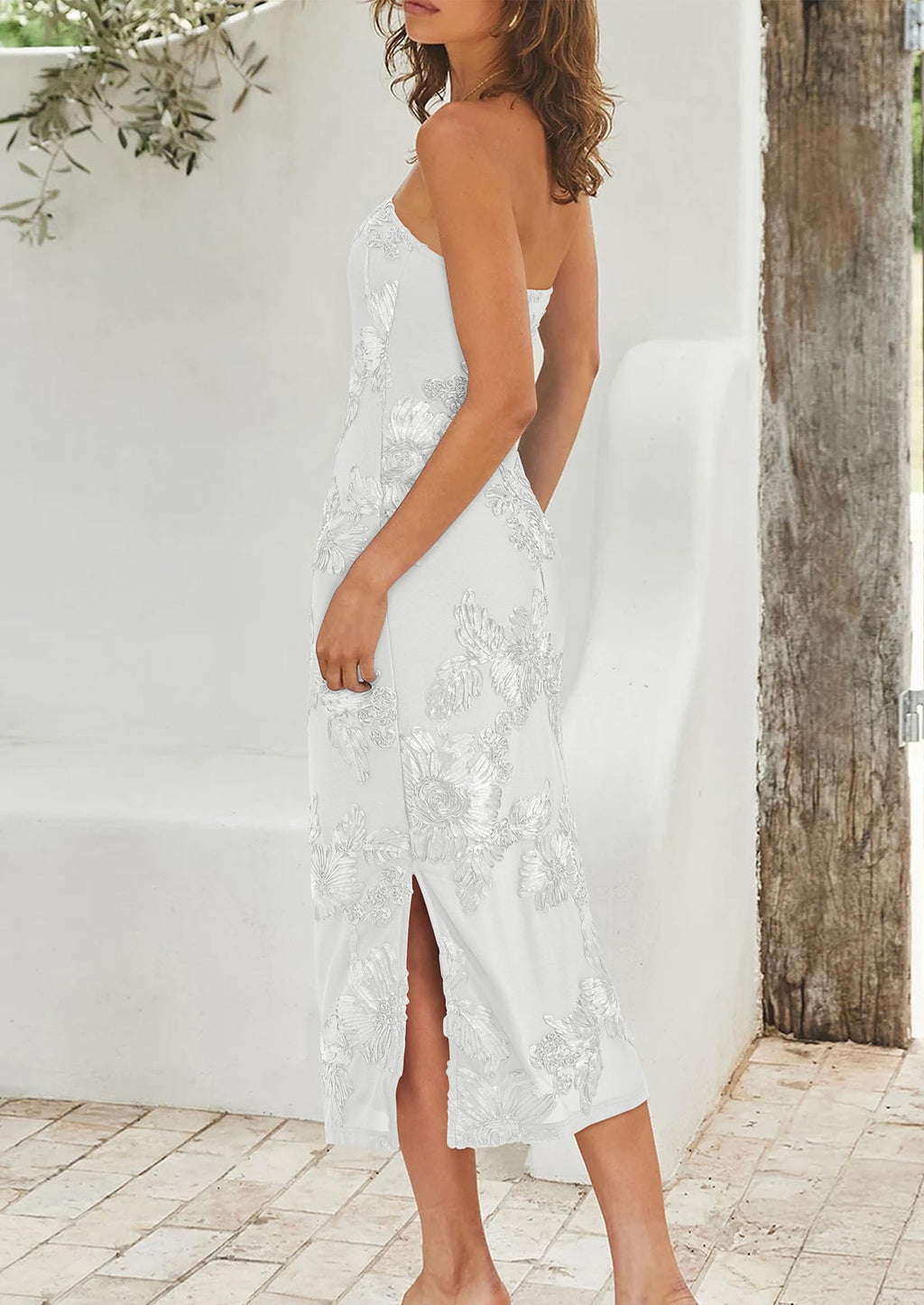PRETTYGARDEN Women's Summer Wedding Guest Floral Midi Dress Strapless Tube Top, Side Slit, Bodycon Mesh, Elegant Cocktail Dresses for Homecoming Party, Birthday, Dinner, Formal Gowns
