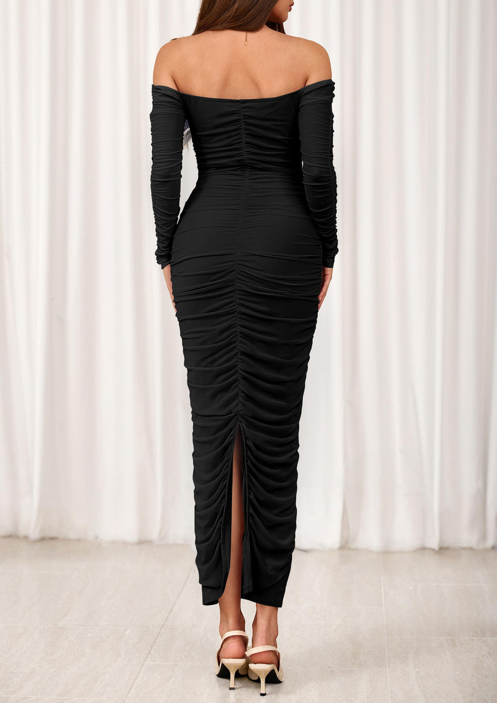 PRETTYGARDEN Womens Fall Long Sleeve Maxi Dress Off Shoulder Mesh Ruched Bodycon Trendy Long Wedding Guest Dresses