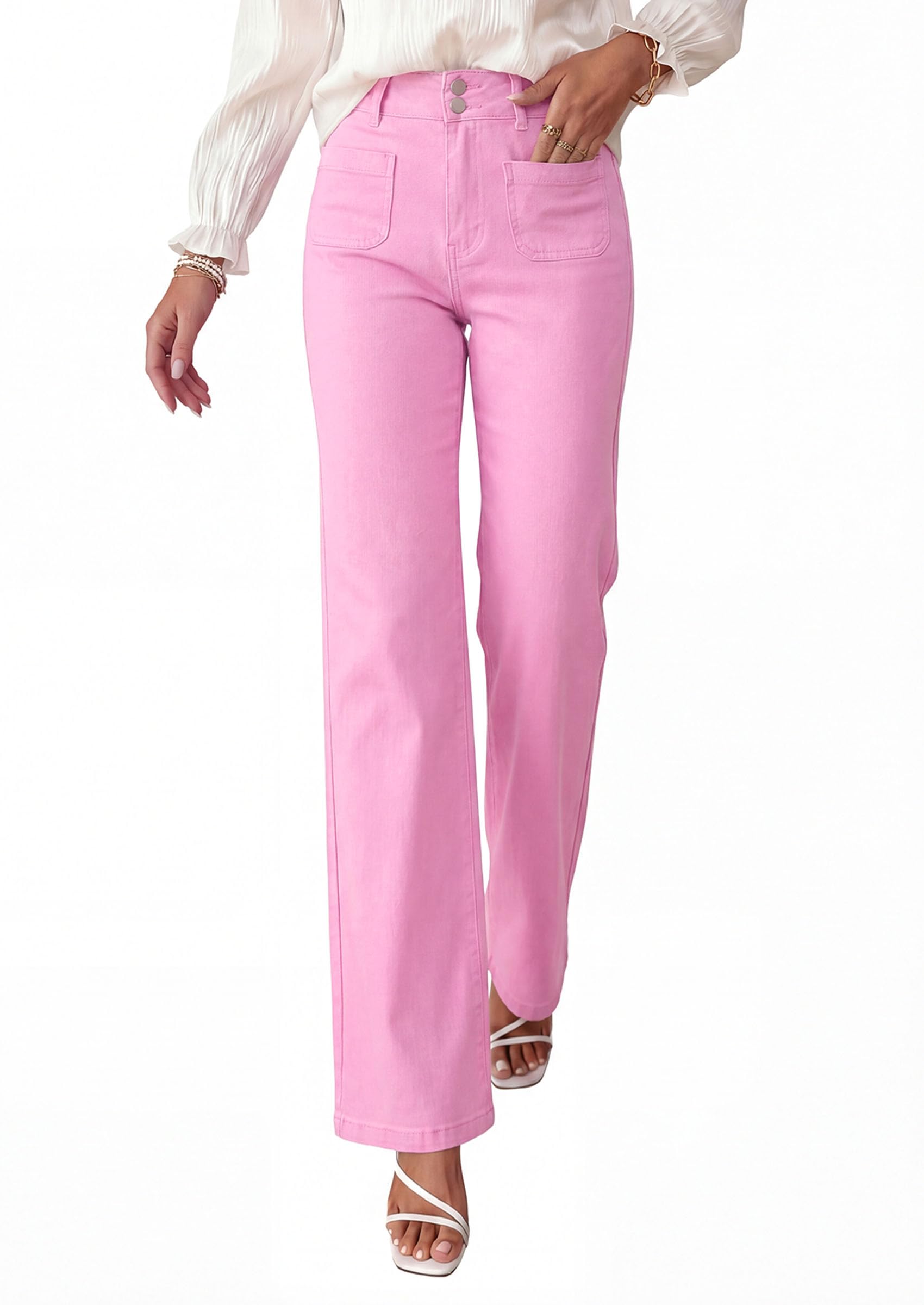 PRETTYGARDEN Womens Wide Leg Jeans High Waisted Stretchy | High Rise Flare Jeans with Front Patch Pockets, Loose Fit Daily Wear Denim, Trendy Office Work Pants, Business Casual Outfits