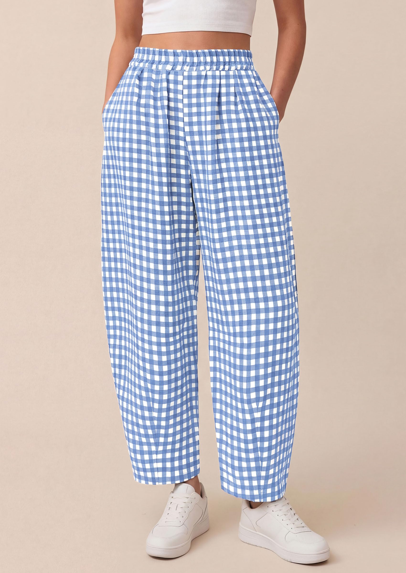 PRETTYGARDEN Plaid Barrel Pants Women Summer Casual Loose Wide Leg Lounge Gingham Trousers Spring Fashion Beach Bottoms