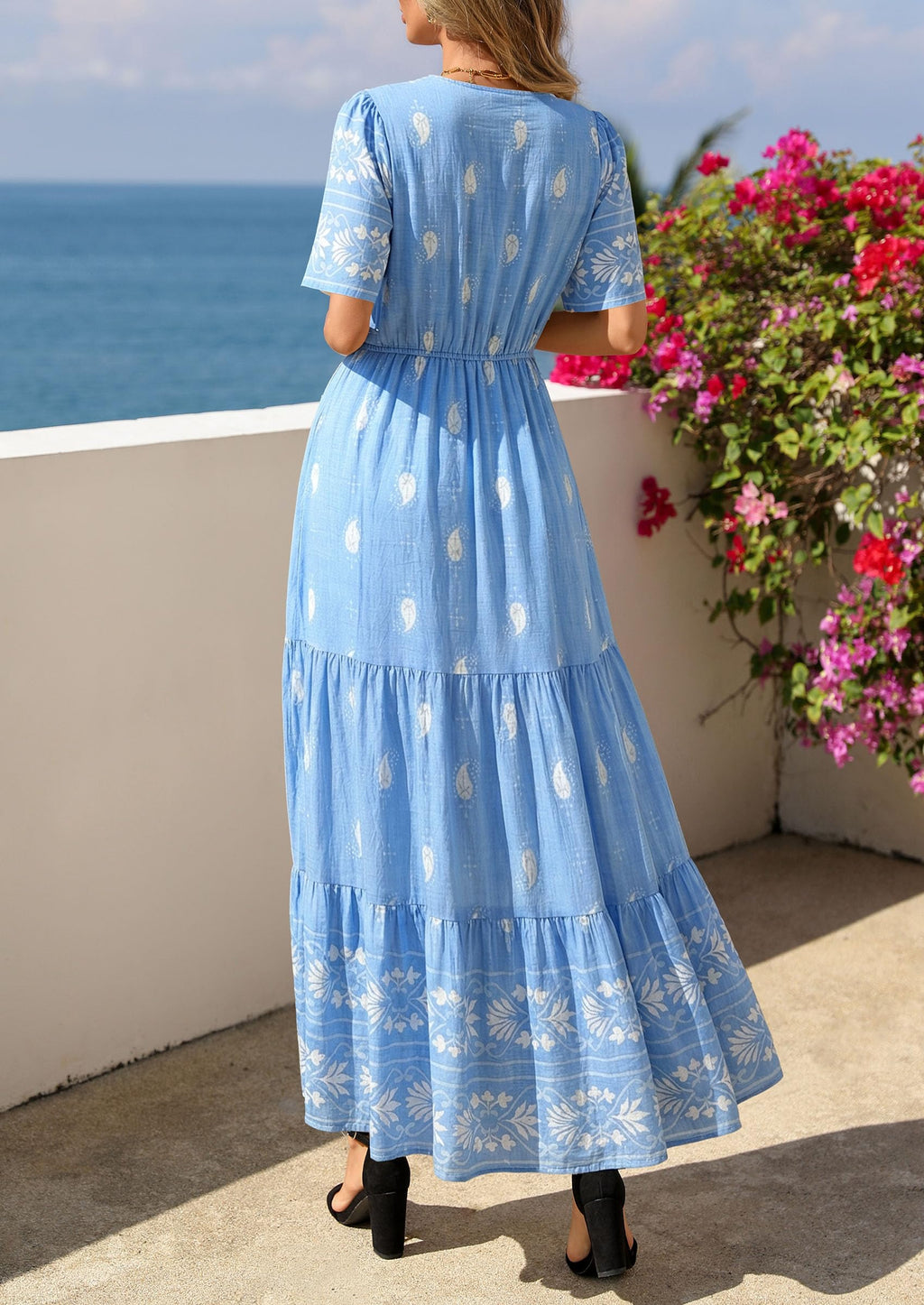 PRETTYGARDEN Womens Summer Boho Maxi Dress Trendy Short Sleeve V Neck Flowy Beach Floral Dresses with Pockets