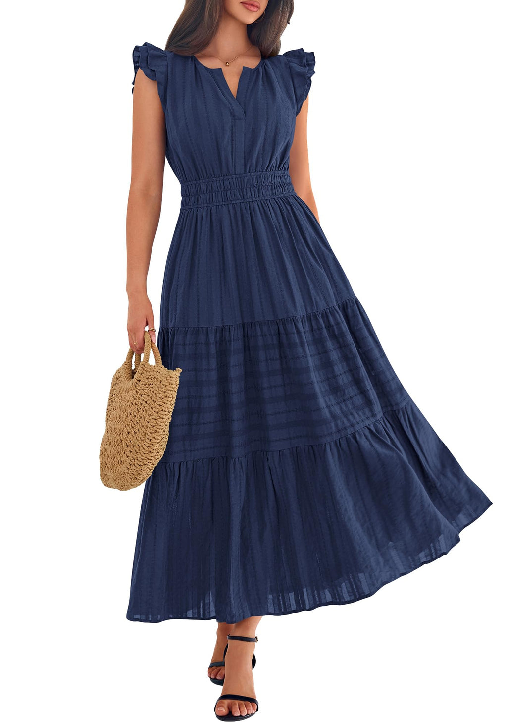 BTFBM Womens Summer Maxi Dress  Spring Boho Vacation Ruffle Flutter Short Sleeve A Line Tiered Flowy Dresses Pockets