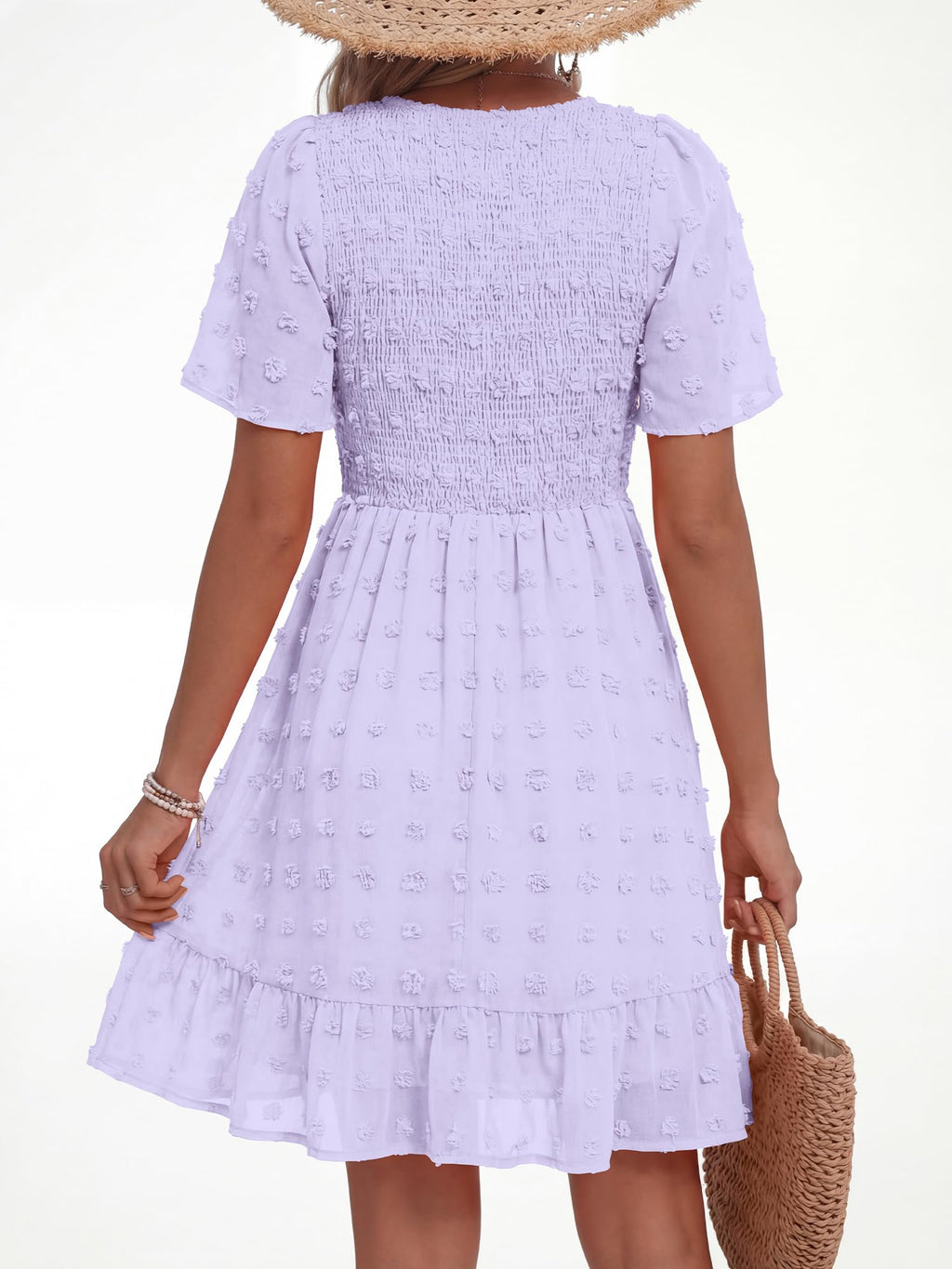 FreshPretty Womens Beach Vacation Dress Summer V Neck Short Sleeve Smocked Swiss Dot Ruffle Casual Mini Spring Dresses