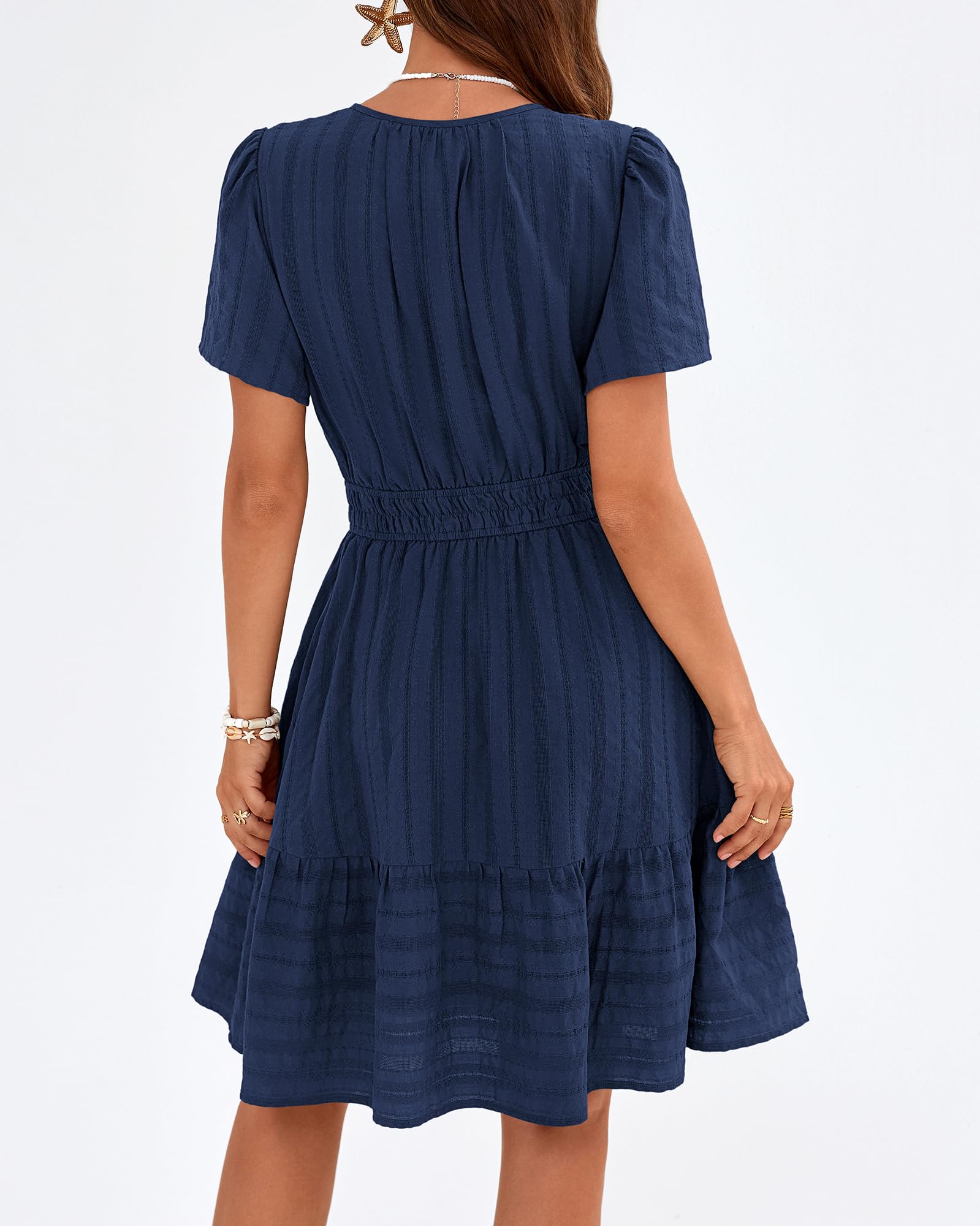 BTFBM Womens Spring  Casual Mini Dresses Lightweight Short Sleeve V Neck Elastic Waist Cute Boho Beach Dress Pockets