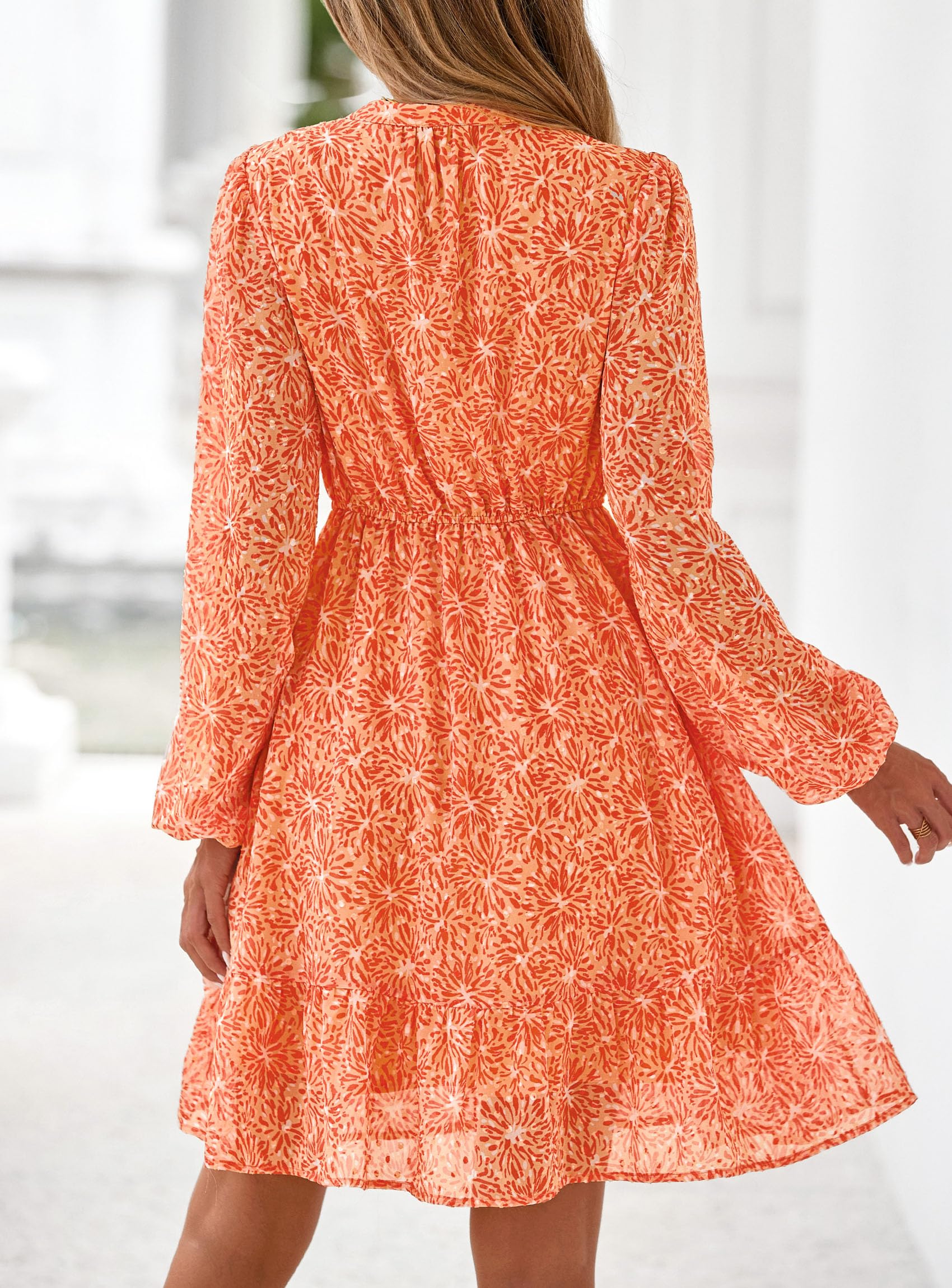 PRETTYGARDEN Women's Fall Boho Dresses  Floral Long Sleeve V Neck Mini Flowy Wedding Guest Dress Trendy Vacation Outfits