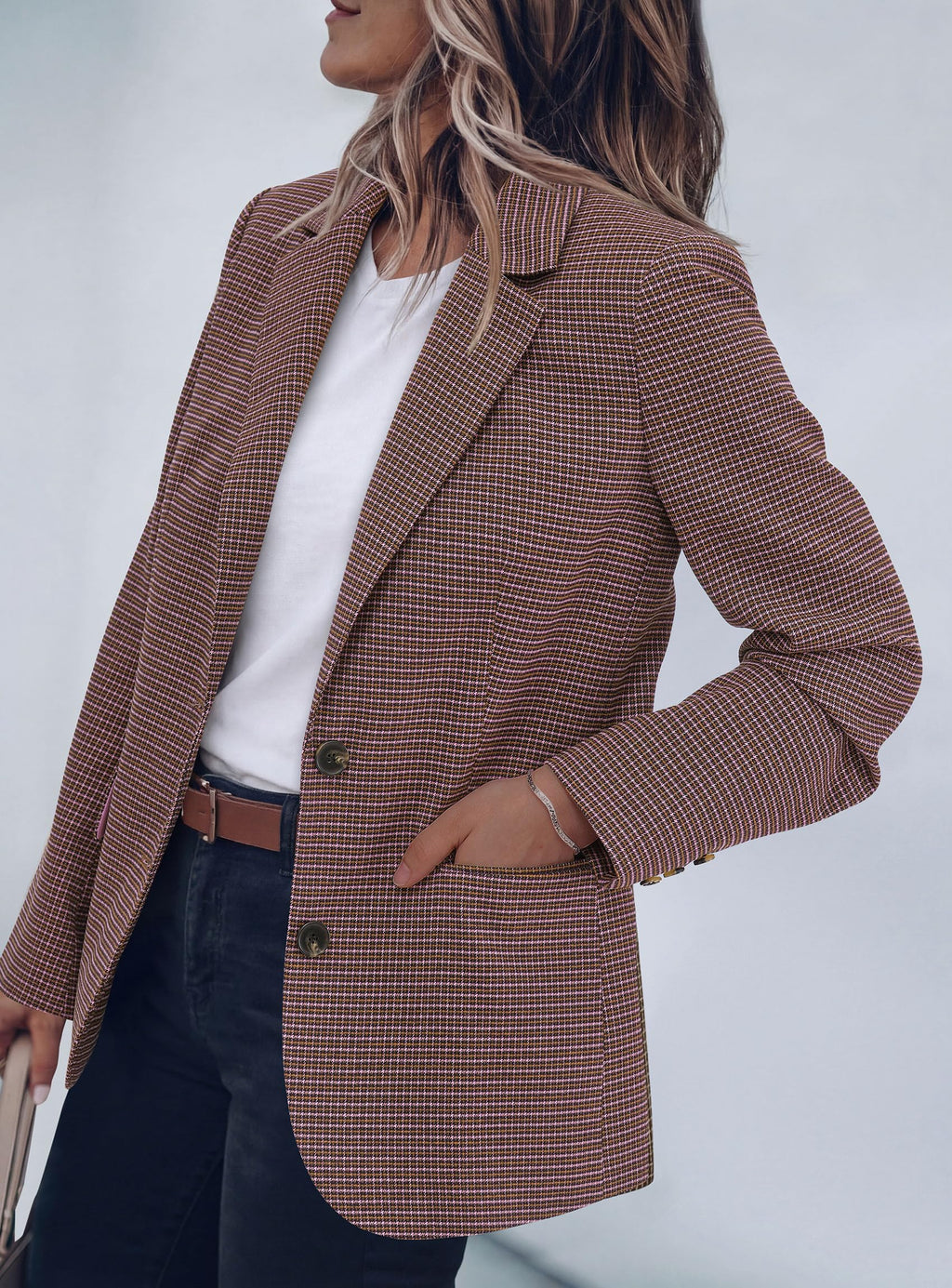 PRETTYGARDEN Fall Blazers for Women Business Casual | Long Sleeve Plaid Houndstooth, Notch Lapel Pockets, Oversized Blazer Outerwear, Trendy Suit Jackets, 2026 Winter Work Outfits
