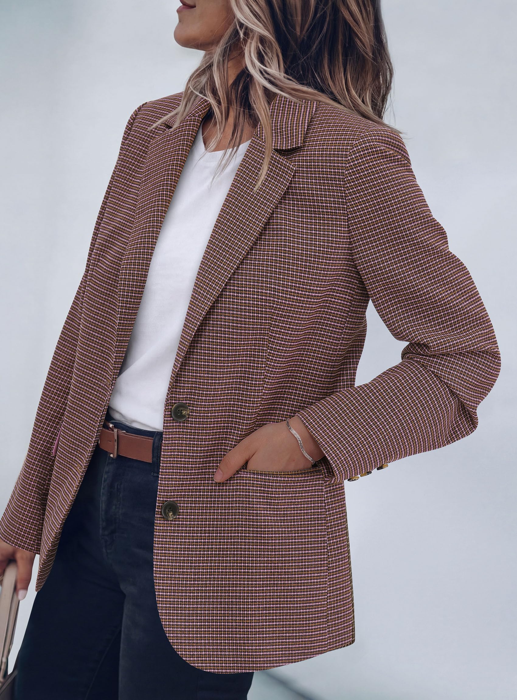 PRETTYGARDEN Fall Blazers for Women Business Casual | Long Sleeve Plaid Houndstooth, Notch Lapel Pockets, Oversized Blazer Outerwear, Trendy Suit Jackets, 2026 Winter Work Outfits