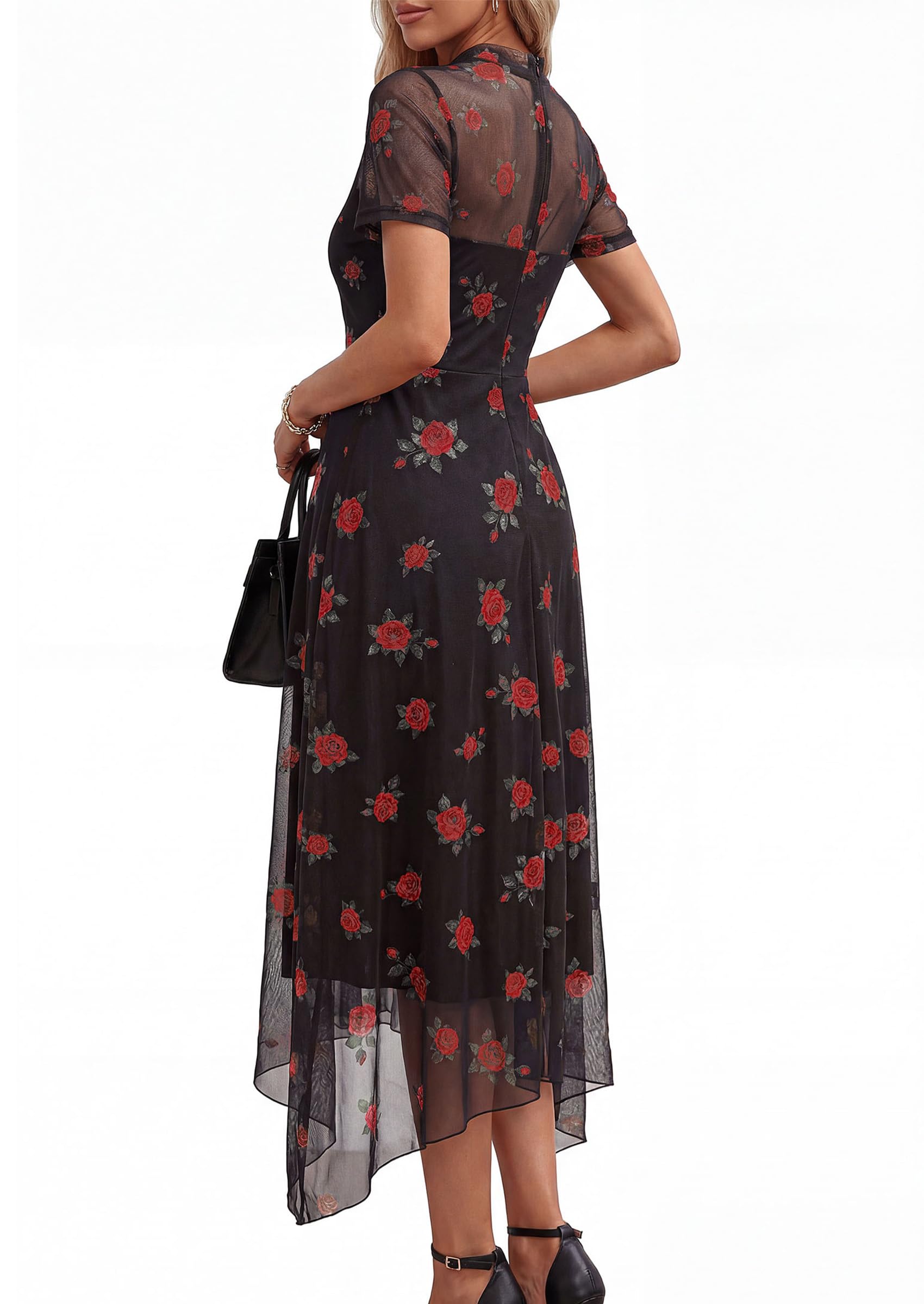 PRETTYGARDEN Cocktail Dresses for Women  Summer Short Sleeve Floral Mesh Sheer Midi Party Wedding Guest Dress