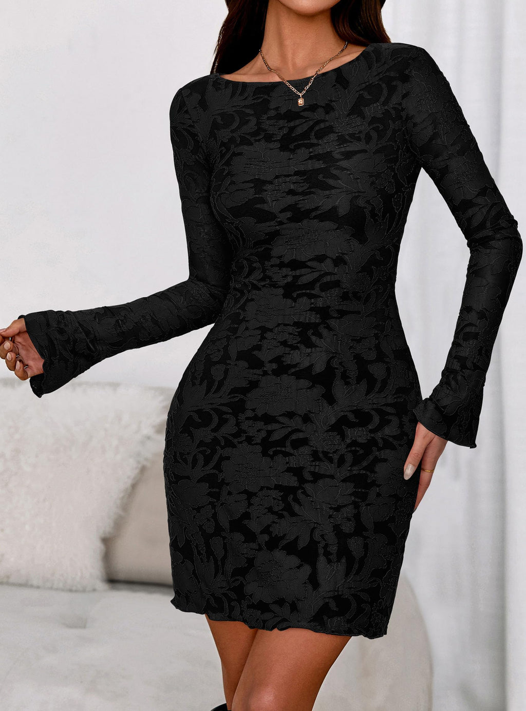 PRETTYGARDEN Women's Fall Fashion Floral Long Sleeve Mini Dress Mesh Bodycon Short Party Date Night Going Out Dresses
