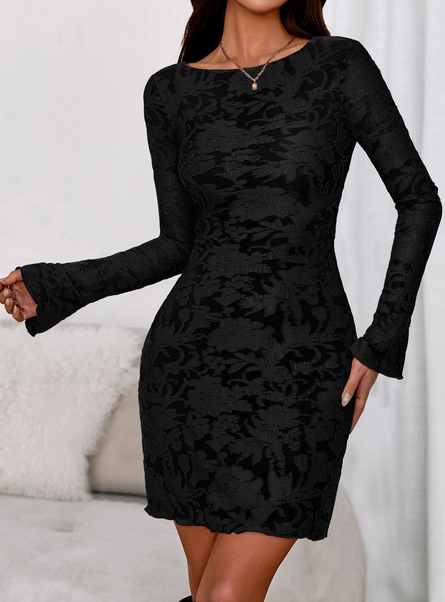 PRETTYGARDEN Women's Fall Fashion Floral Long Sleeve Mini Dress Mesh Bodycon Short Party Date Night Going Out Dresses