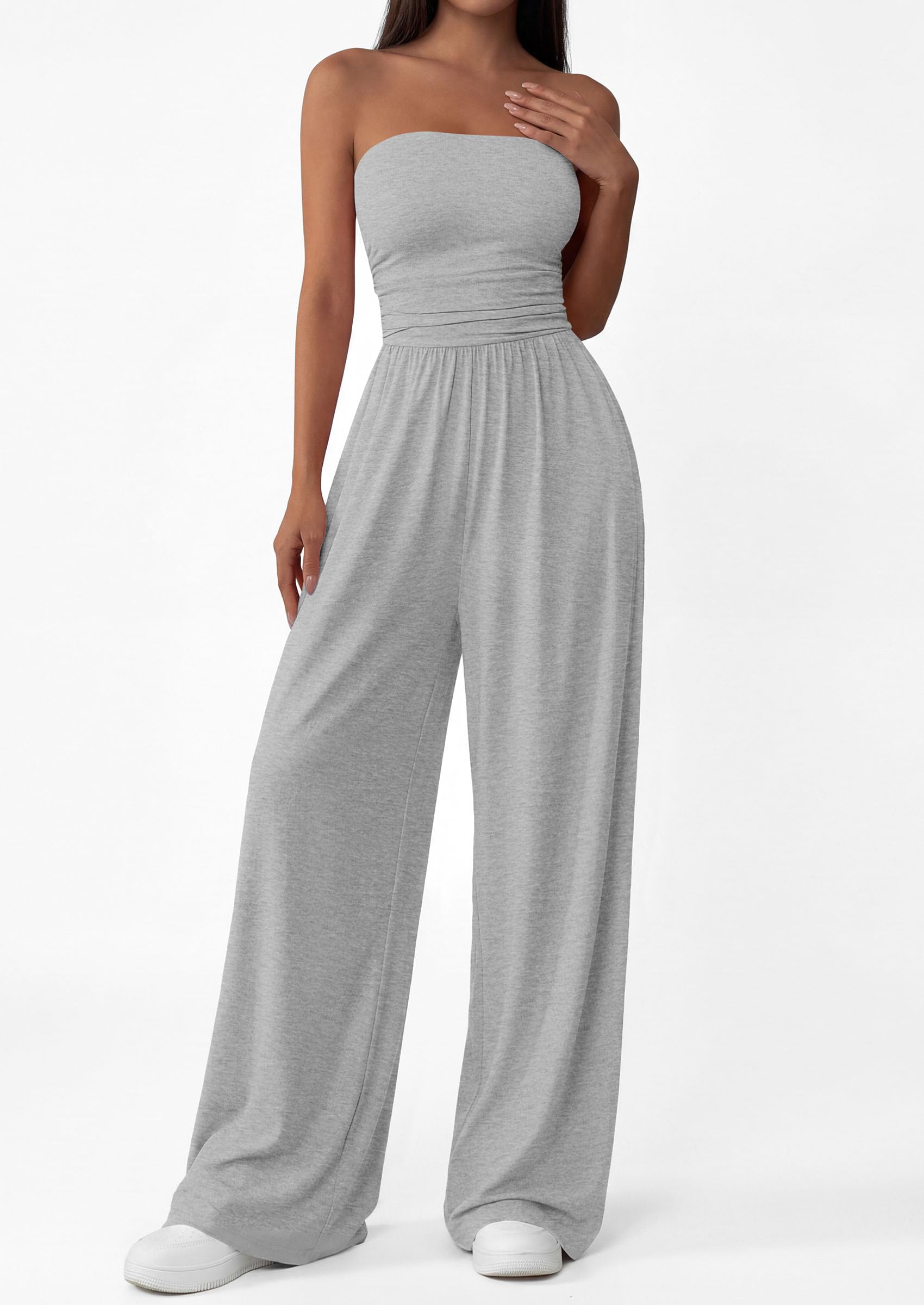 PRETTYGARDEN Womens Trendy Strapless Rompers Ruched Tube Top Wide Leg One Piece Jumpsuits Beach Vacation Summer Outfits