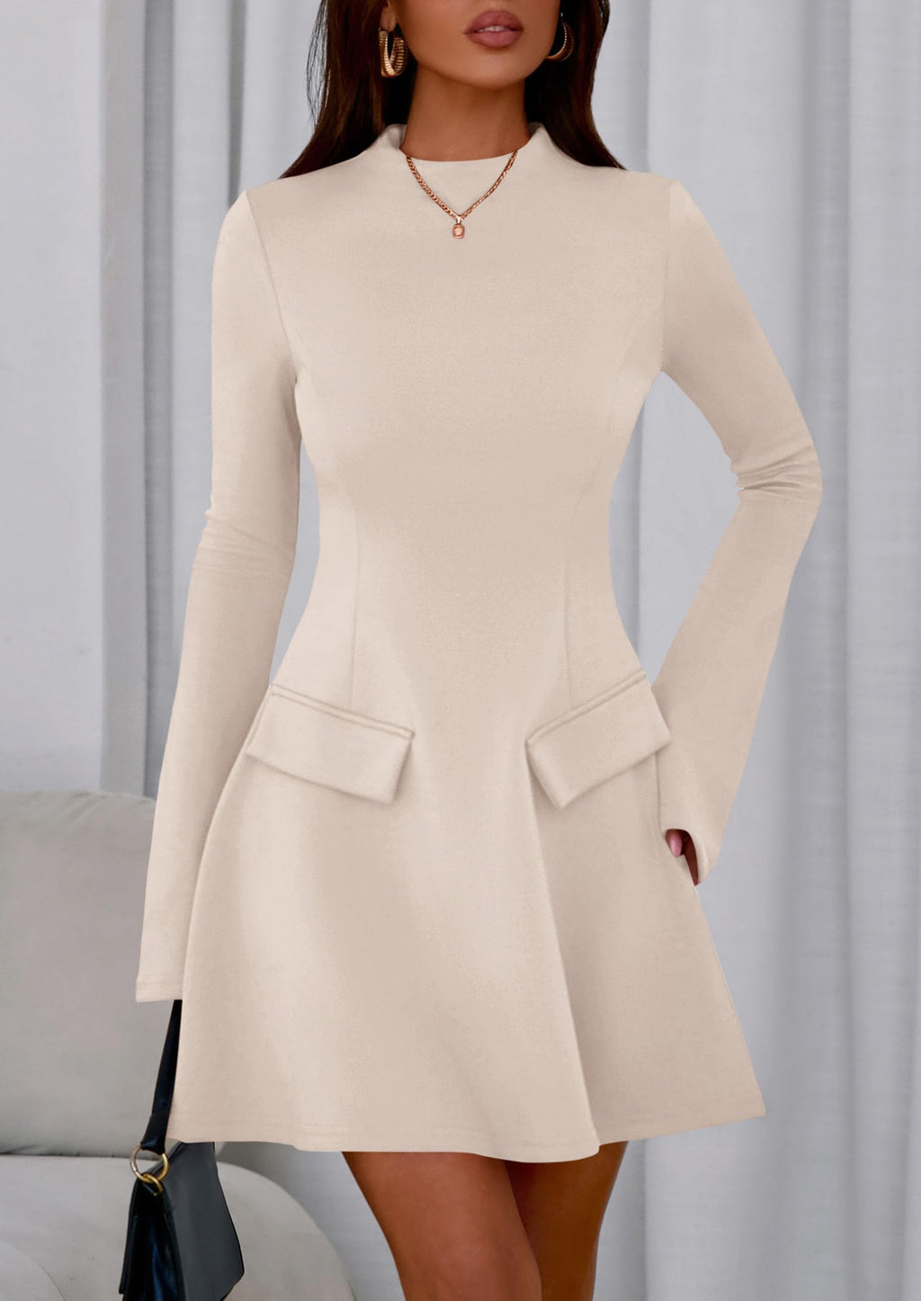 PRETTYGARDEN Women's Elegant Holiday Short Dress  Fall Bell Long Sleeve Mock Neck Work Business Casual Party Mini Dress