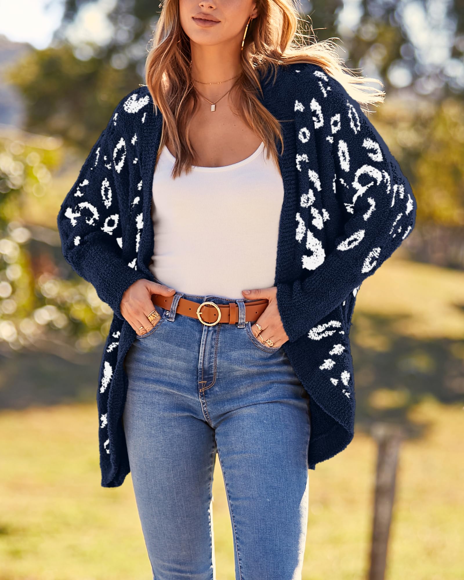 FreshPretty Leopard Cardigan for Women Long Sleeve Open Front Cardigans Sweaters Pockets Loose Knit Fall Winter Outwear