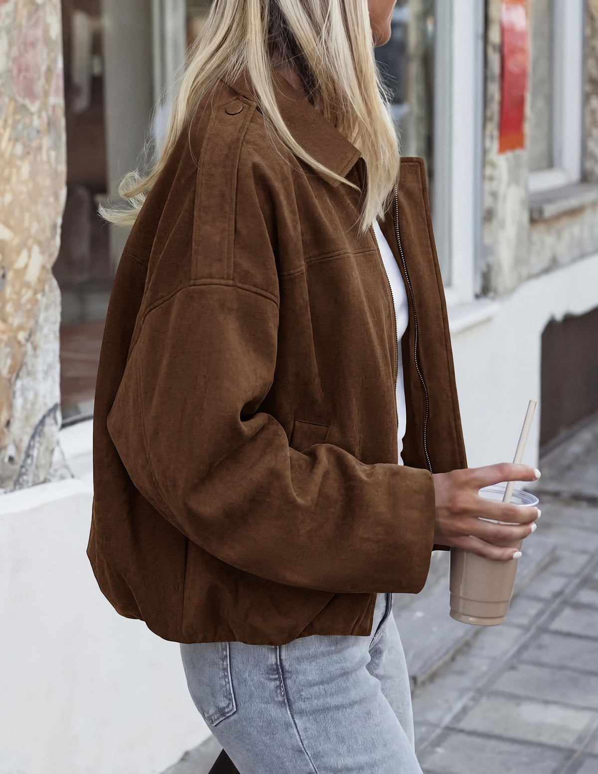 PRETTYGARDEN Women's Faux Suede Cropped Bomber Jacket | Long Sleeve Zip Up Casual Going Out Jackets Coat, Oversized Loose Fit Western Outfits, Trendy Outerwear, Fall Clothes