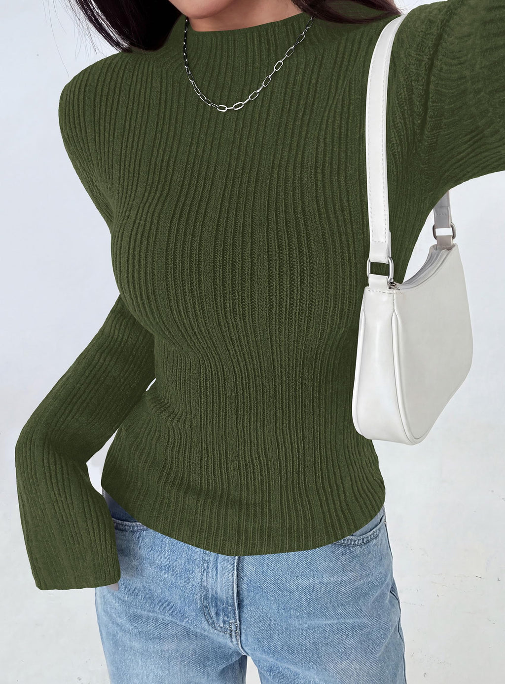 PRETTYGARDEN Women's Lightweight Mock Neck Sweaters | Bell Long Sleeve Tops, Slim Fitted Pullover, Soft Ribbed Knit, Going Out Outfits, Fall Winter Layering, Fashion Clothing