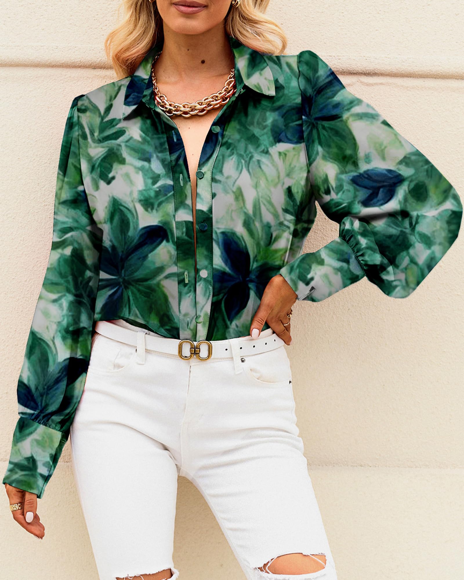 BTFBM Women Fashion Button Down Shirts V Neck Boho Printed Long Sleeve Blouses Dressy Casual Spring Fall Tops