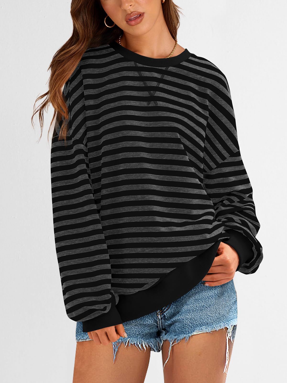 PRETTYGARDEN Womens Striped Oversized Sweatshirt Color Block Crew Neck Long Sleeve Casual Loose Pullover Top Y2K Clothes