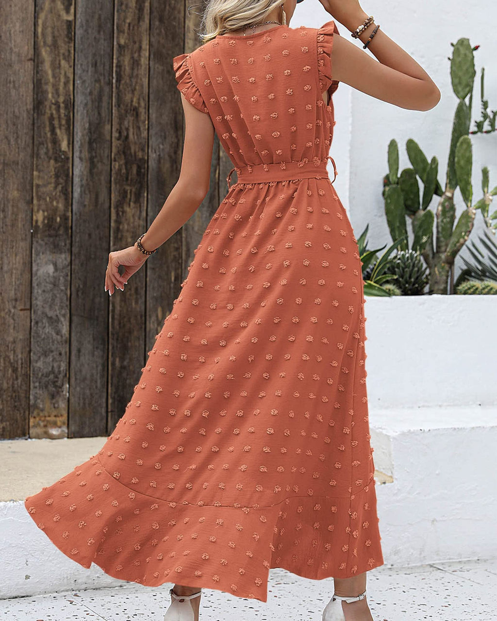 FreshPretty Women V Neck Summer Dress Cap Sleeve Swiss Dot Boho Flowy Ruffle Slit Beach Party Long Maxi Cocktail Dresses