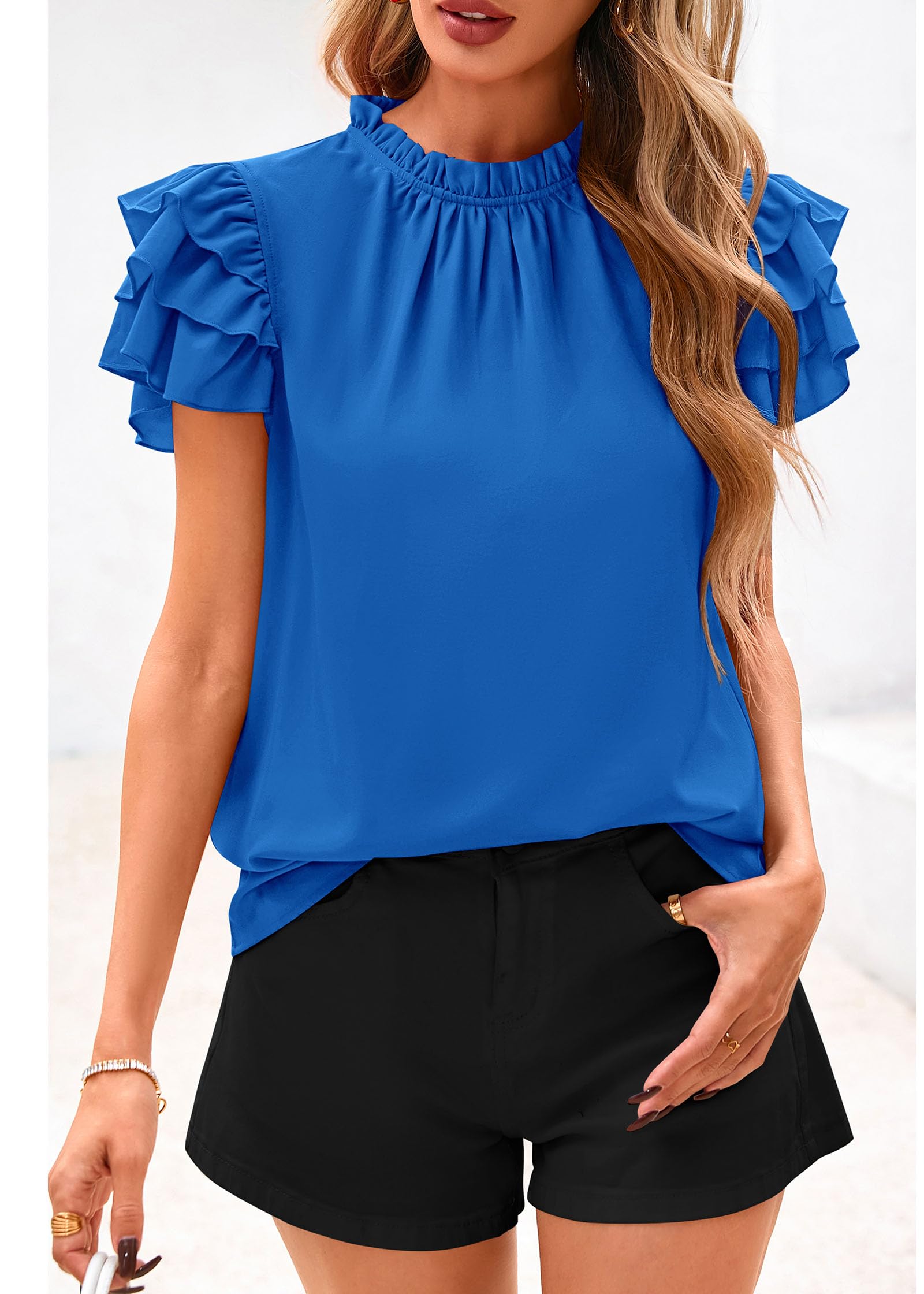 FreshPretty Blouses for Women Dressy Casual Spring Summer Ruffle Short Sleeve Mock Neck Work Shirts Tops Fashion Clothing
