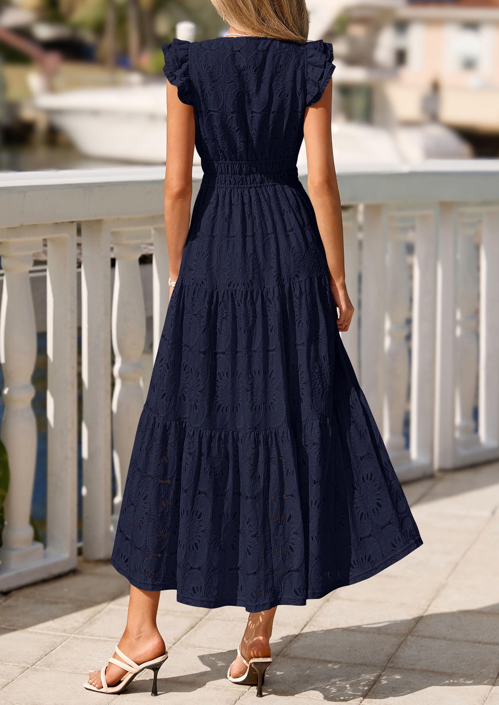 PRETTYGARDEN Womens Boho Maxi Dresses Summer Floral Lace Eyelet V Neck Spring Wedding Guest Dress Beach Vacation Clothes