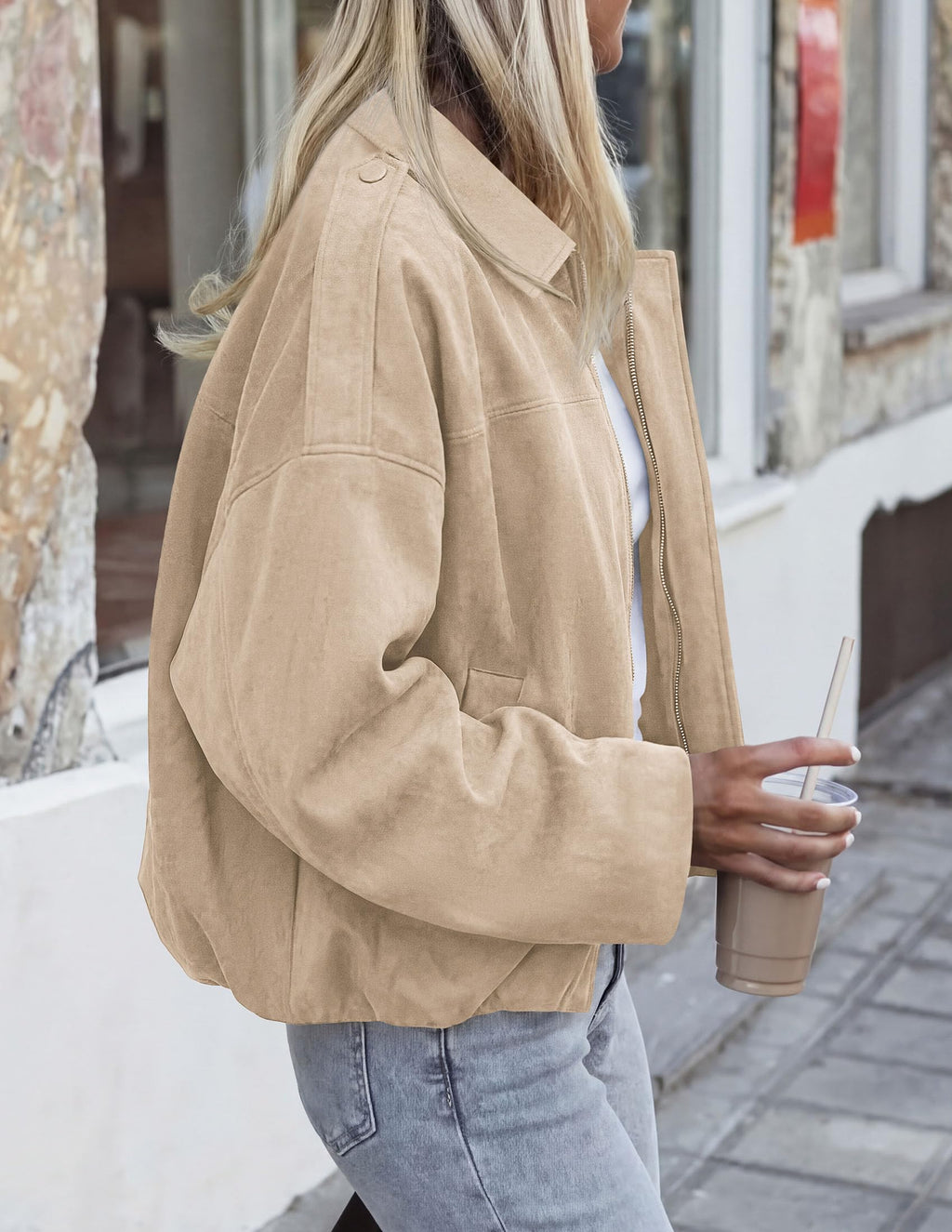 PRETTYGARDEN Women's Faux Suede Cropped Bomber Jacket | Long Sleeve Zip Up Casual Going Out Jackets Coat, Oversized Loose Fit Western Outfits, Trendy Outerwear, Fall Clothes