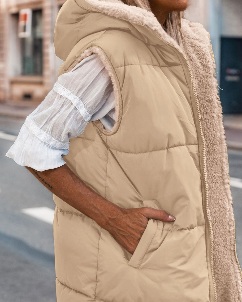 BTFBM Long Puffer Vest Women Fleece Sherpa Jacket Sleeveless Hooded Reversible Zip Up Winter Coat Fall Vests Outerwear