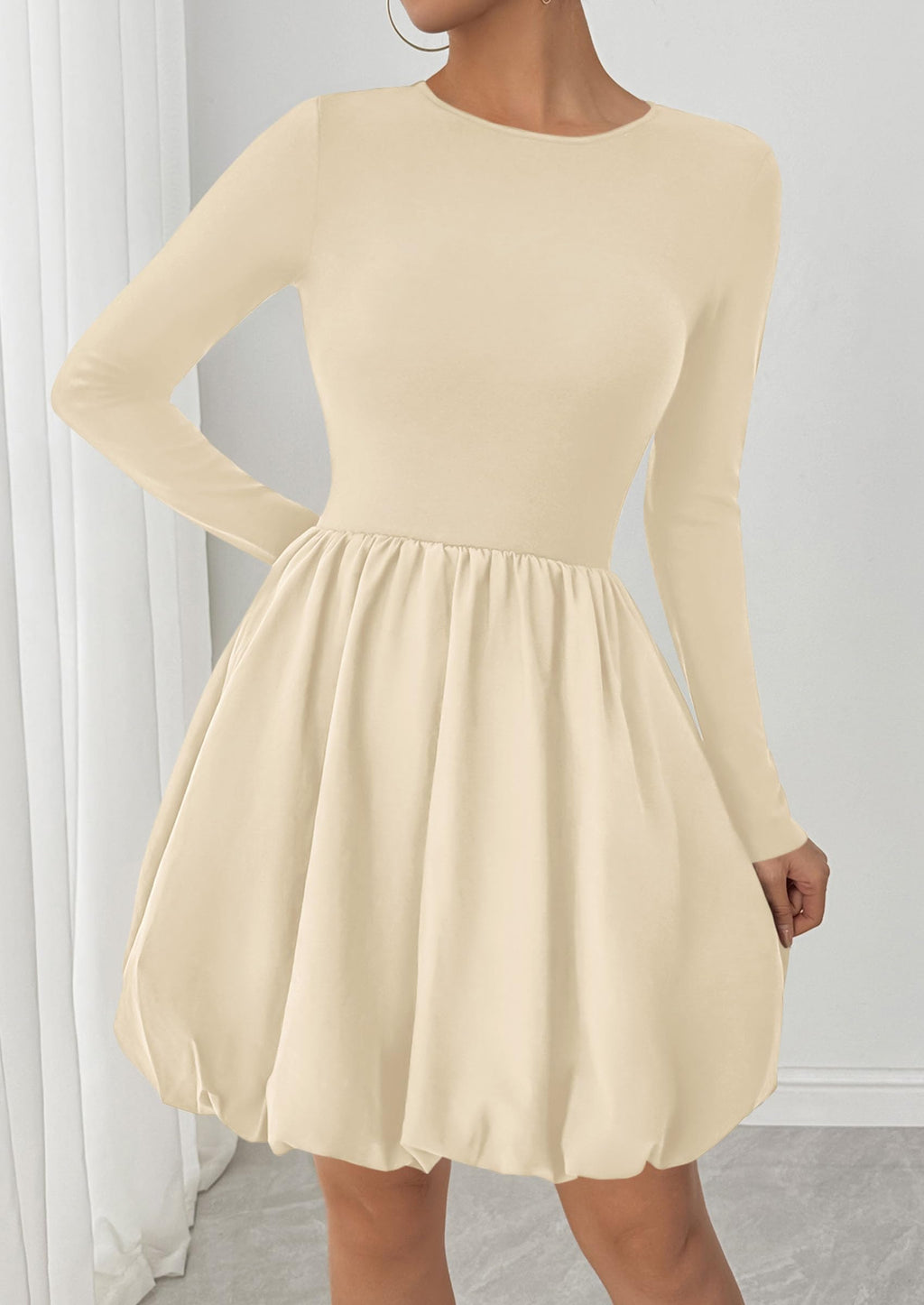 PRETTYGARDEN Fall Dresses for Women Casual Long Sleeve Bubble Cute Crew Neck A Line Mini Short Dress with Pockets