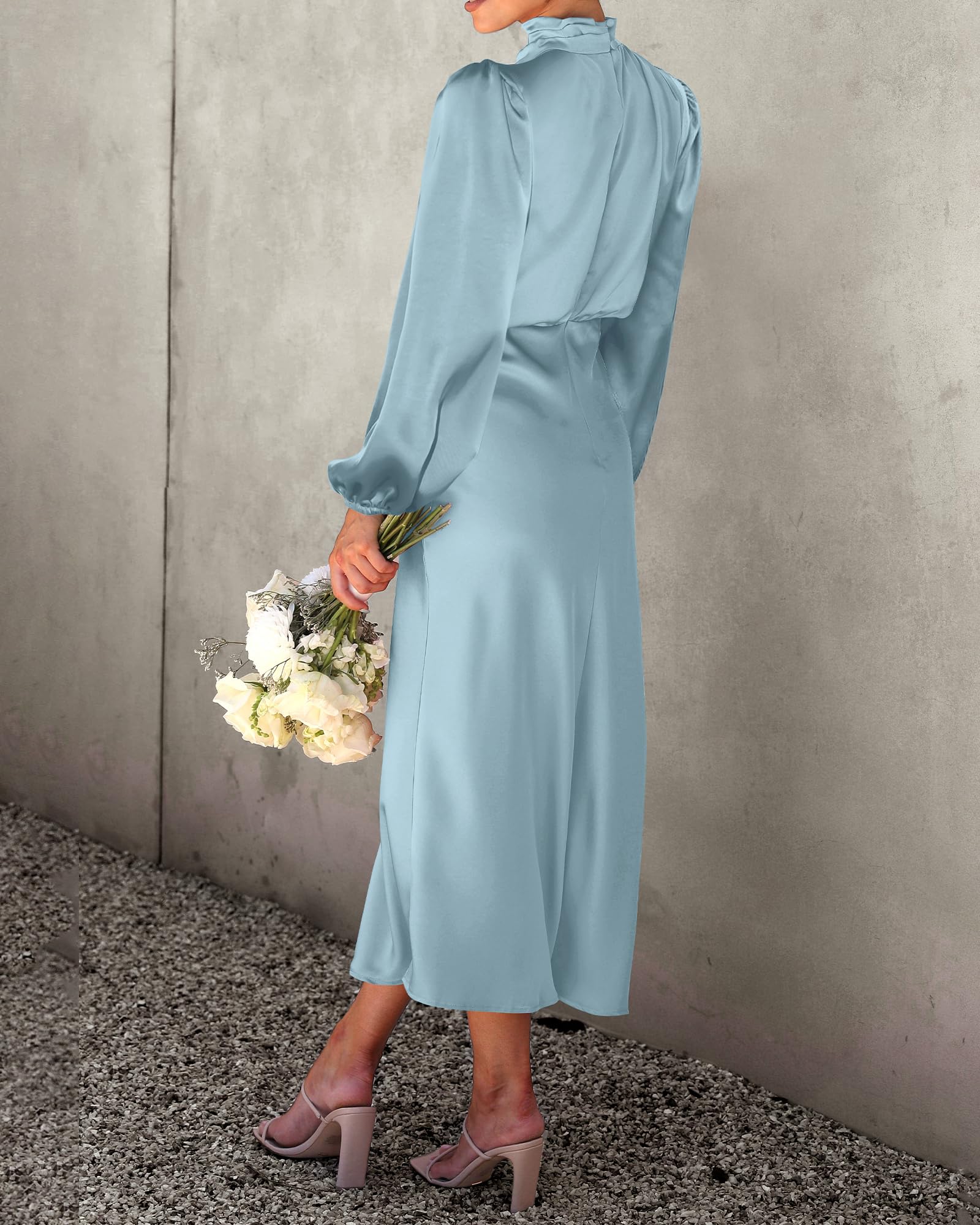 BTFBM Womens Mock Neck Satin Dress Spring Summer Long Sleeve Lightweight Formal Wedding Party Maxi Cocktail Dresses