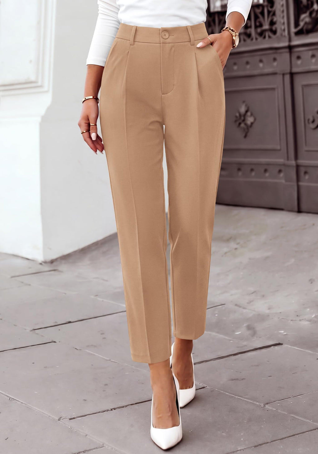 BTFBM Dress Pants Women Work Business Office Ankle Trousers Pockets Straight Leg Pleated Womens Slacks,Tapered Trousers for Work Office,Elastic Back High Waist,Fall Business Casual Outfits