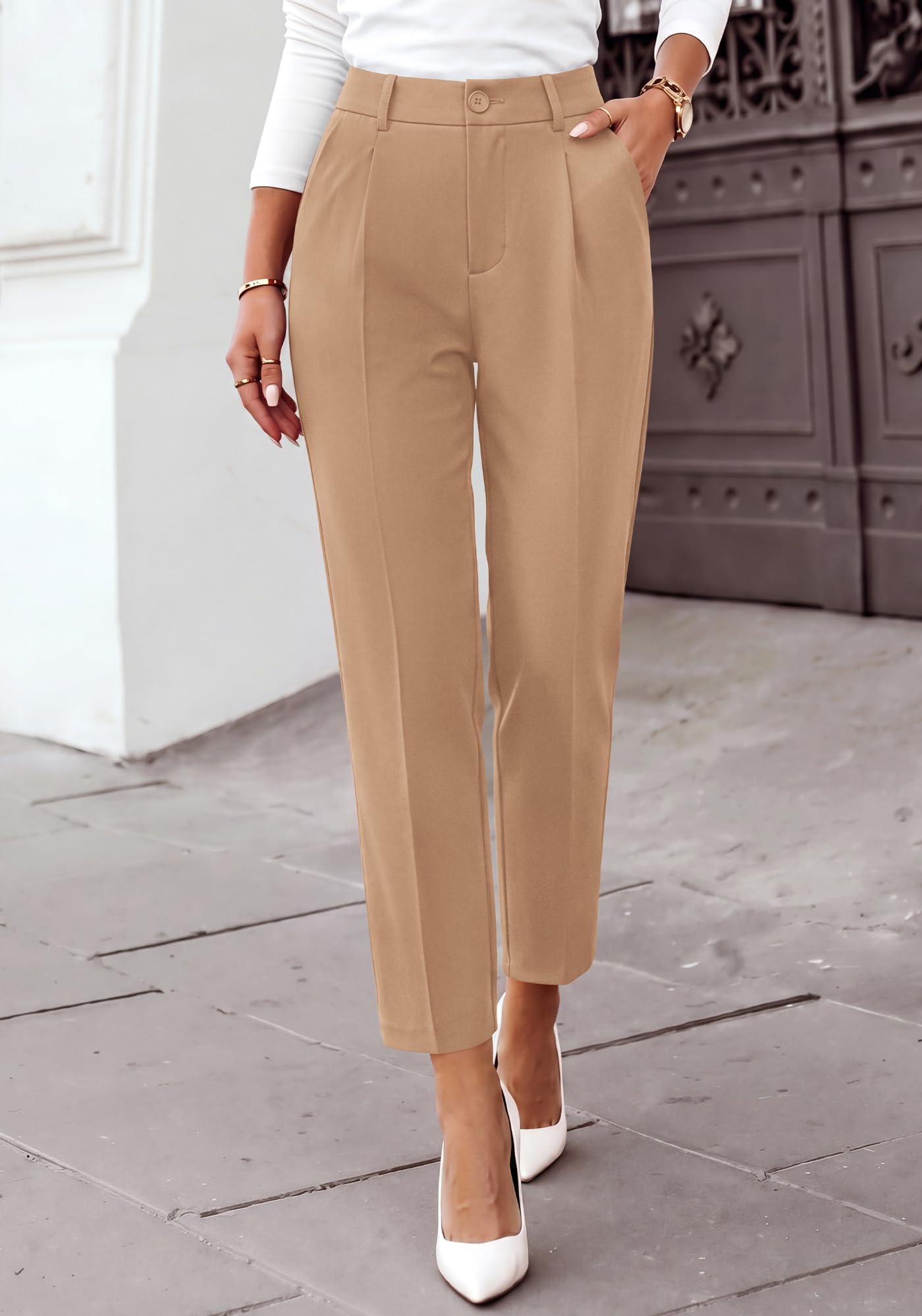 BTFBM Dress Pants Women Work Business Office Ankle Trousers Pockets Straight Leg Pleated Womens Slacks,Tapered Trousers for Work Office,Elastic Back High Waist,Fall Business Casual Outfits