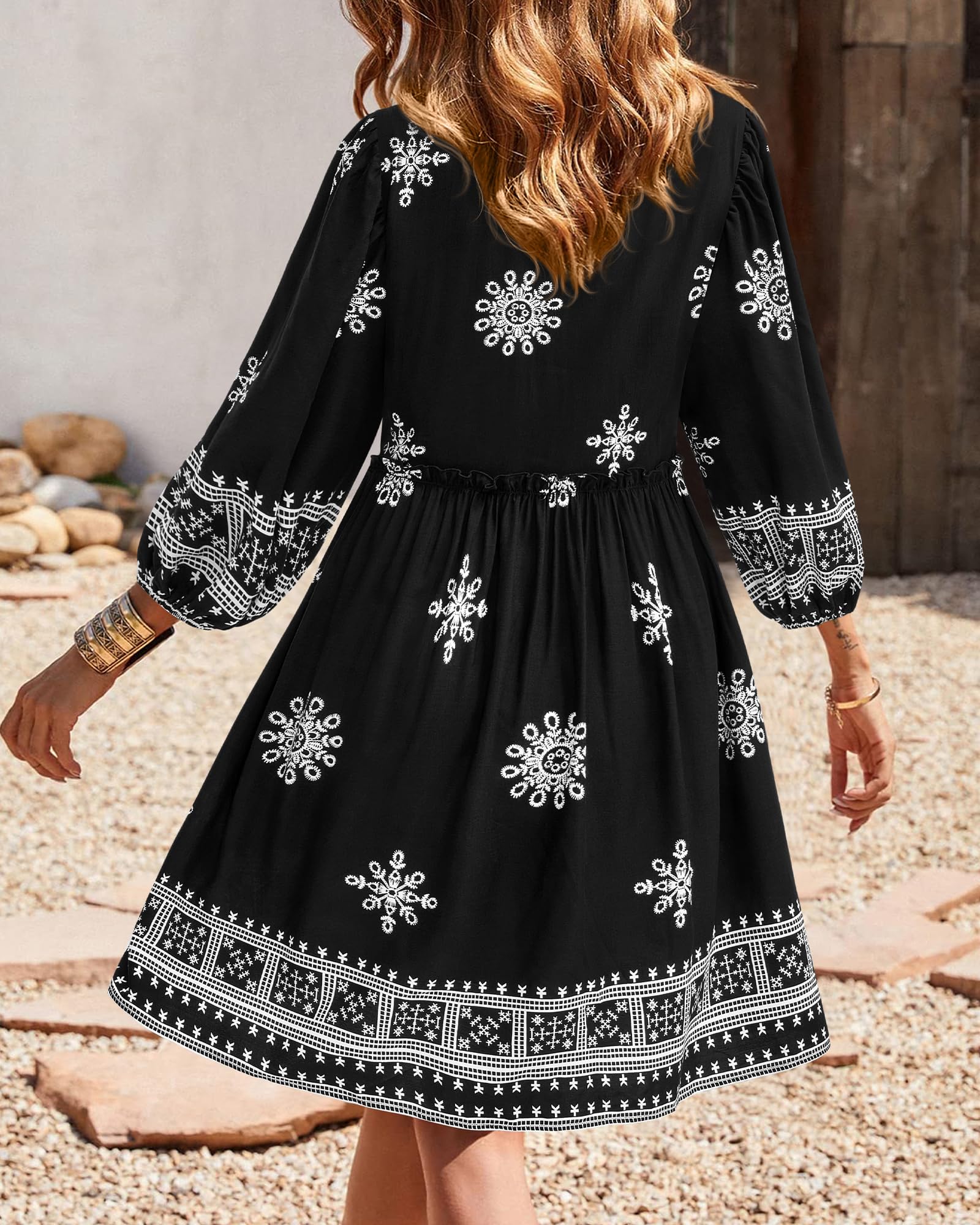 BTFBM Women Casual Spring Summer Dresses V Neck 3/4 Long Sleeve Ruffle Floral Flowy Boho Babydoll Mini Short Beach Dress