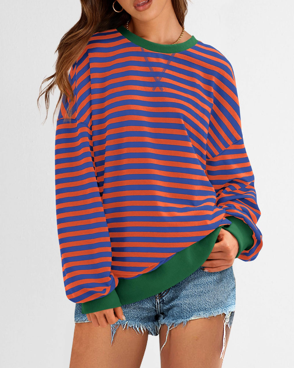 BTFBM Sweatshirt For Women Summer Crewneck Long Sleeve Oversized Striped Pullover Tops Y2K Clothes Workout Shirt
