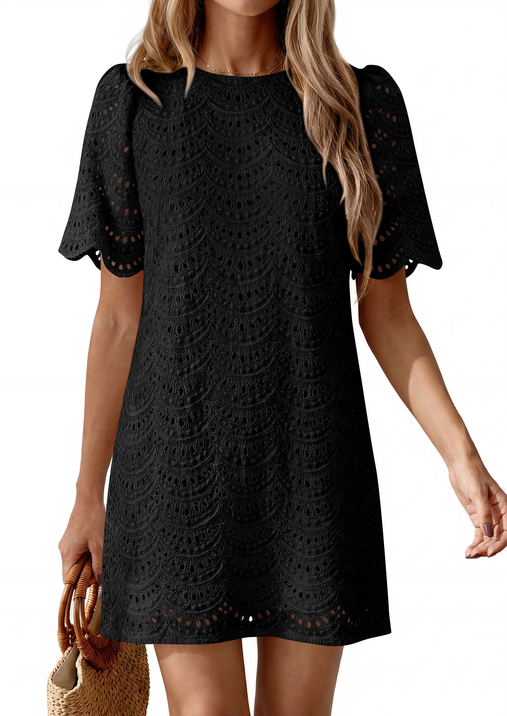 PRETTYGARDEN Women's Summer Casual Short Dresses Embroidered Lace Short Sleeve Boho Mini Dress Beach Vacation Clothes