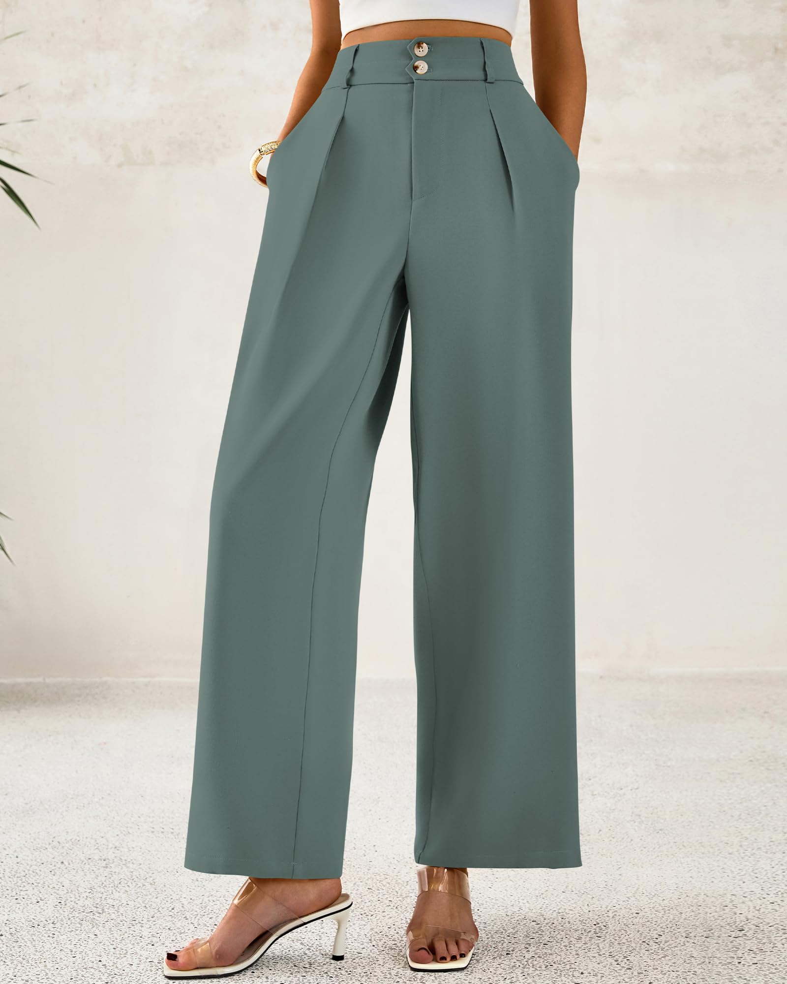 BTFBM Women Wide Leg Dress Pants High Waisted Button Pleated Business Casual Trousers Office Work Palazzo Pants