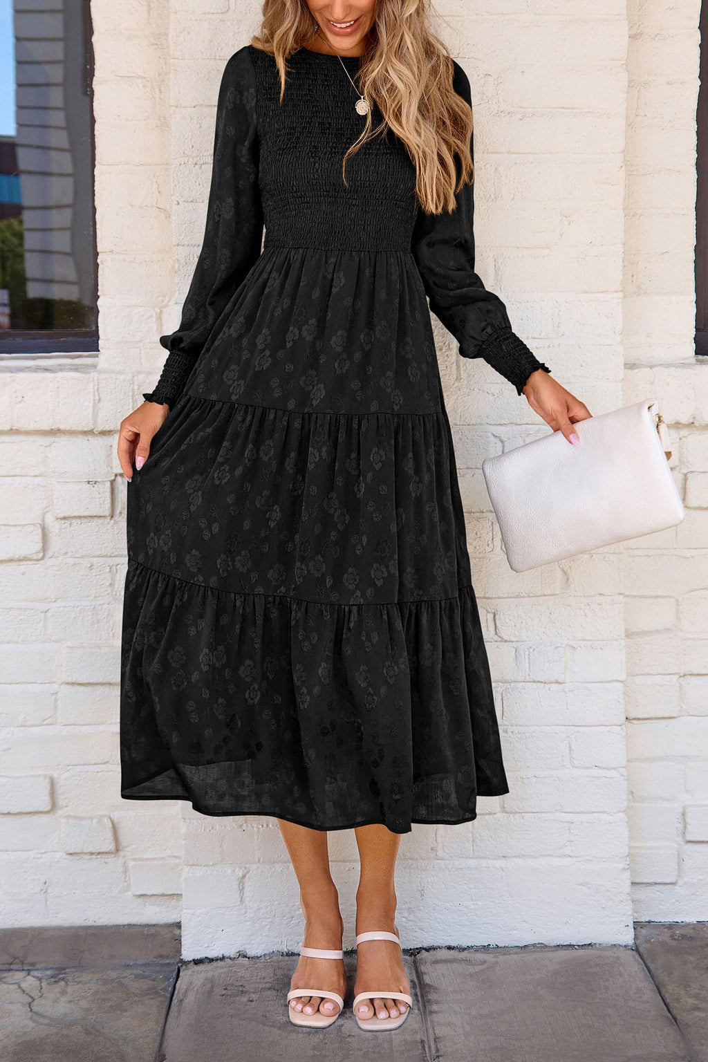 PRETTYGARDEN Women's Fall Spring Midi Dress Long Sleeve Floral Smocked Elegant Wedding Guest Long Flowy Dresses with Pockets