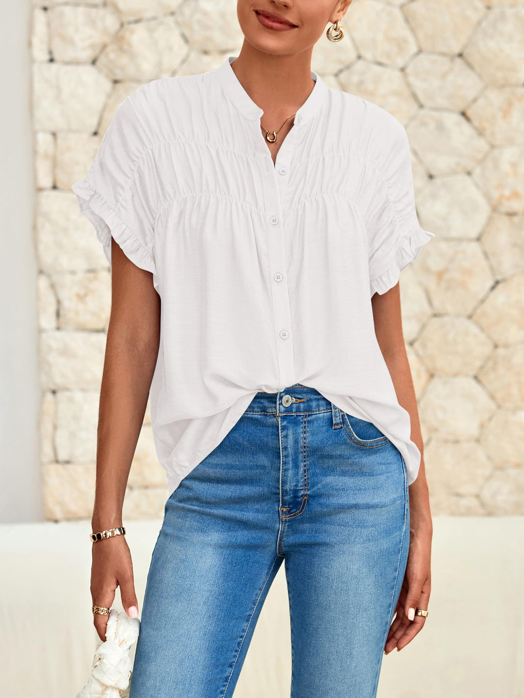 FreshPretty Womens Button Down Shirts Ruffle Short Sleeve Loose Summer Tops Dressy Casual V Neck Business Work Blouses