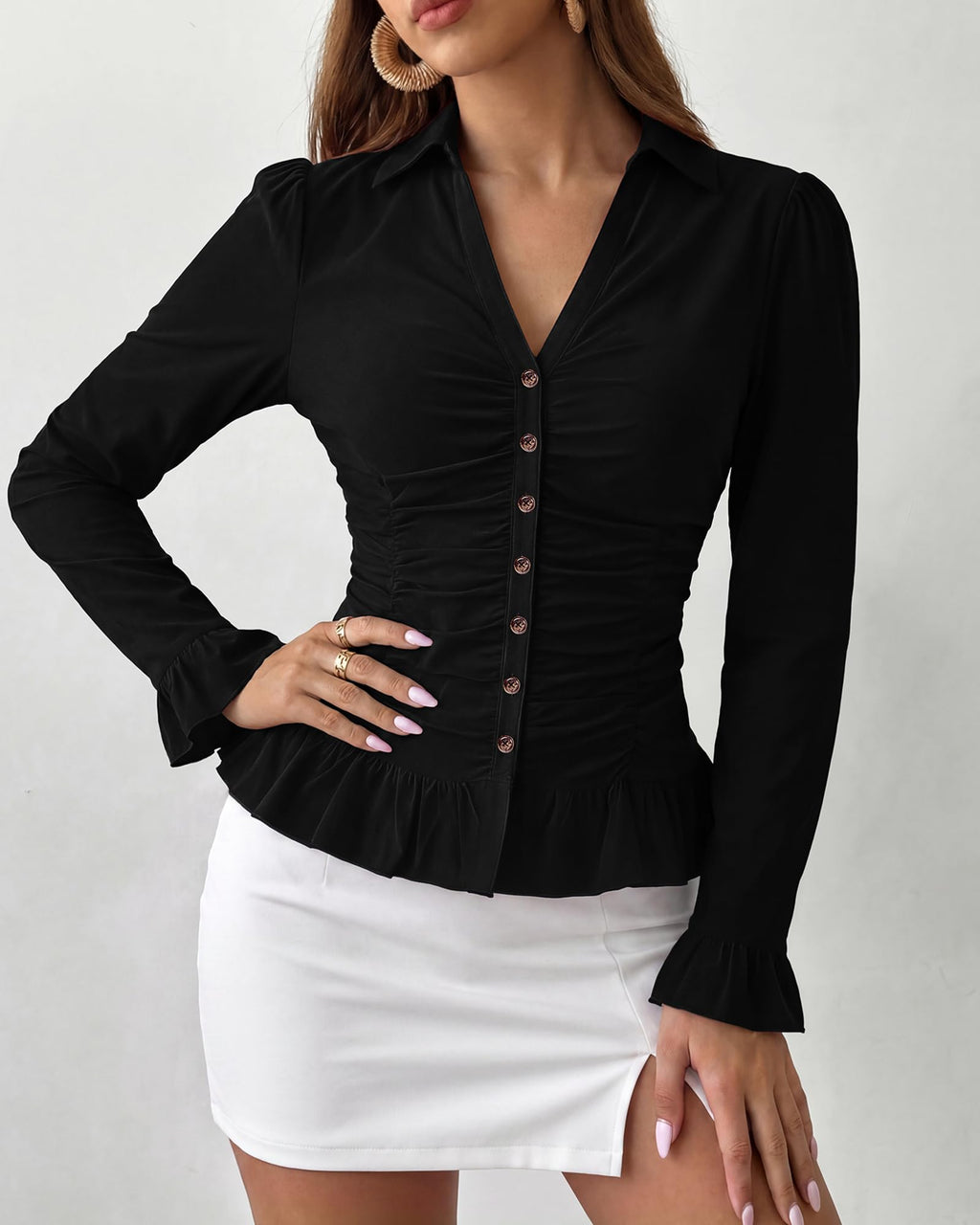 BTFBM Fitted Button Down Shirts for Women Dressy Casual Tops Collar V Neck Long Sleeve Ruched Tops, Stretchy Ruffle Blouses, Fall Fashion Clothing, Work Date Night Going Out Outfits
