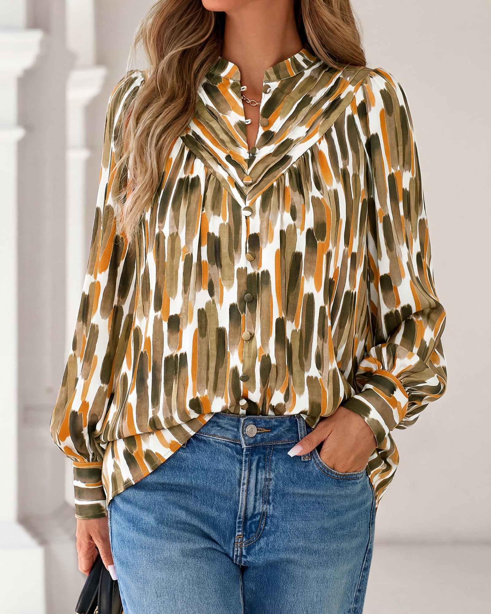 BTFBM Womens Tops Dressy Casual Spring Boho Floral V Neck Long Sleeve Half Button Down Shirt Work Business Blouses
