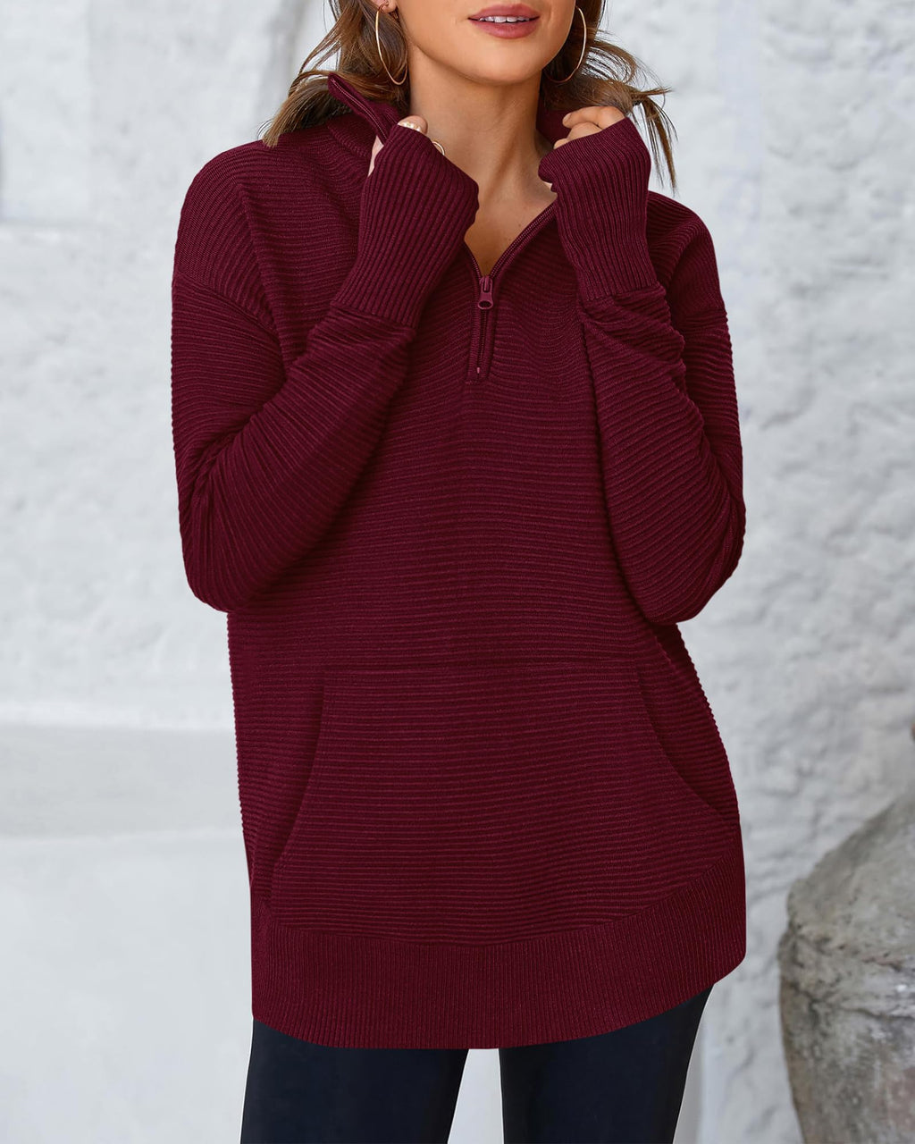 BTFBM Sweaters for Women Fall Clothes Pocket Quarter Zip Pullover V Neck Long Sleeve Knit Trendy Winter Sweater