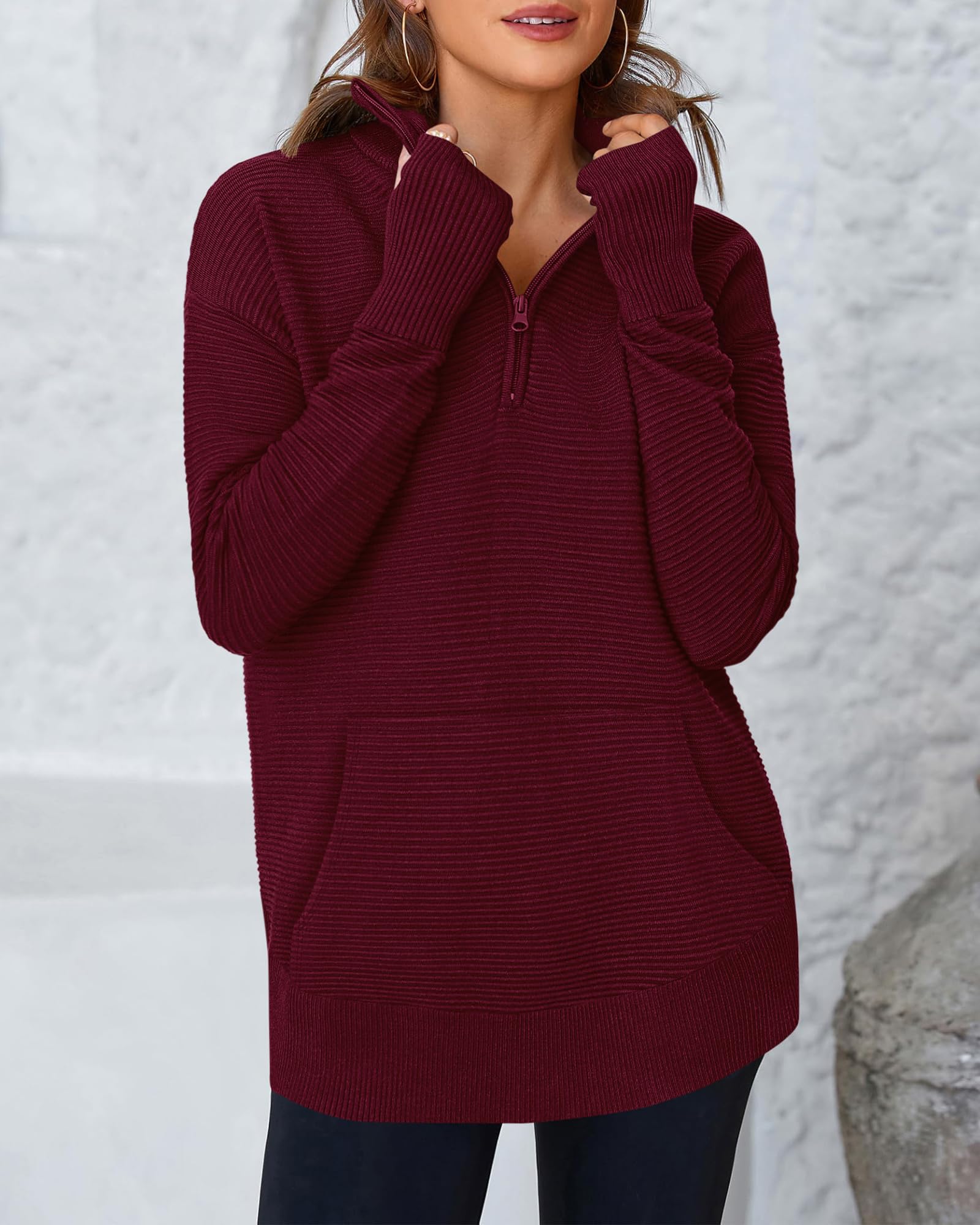 BTFBM Sweaters for Women Fall Clothes Pocket Quarter Zip Pullover V Neck Long Sleeve Knit Trendy Winter Sweater