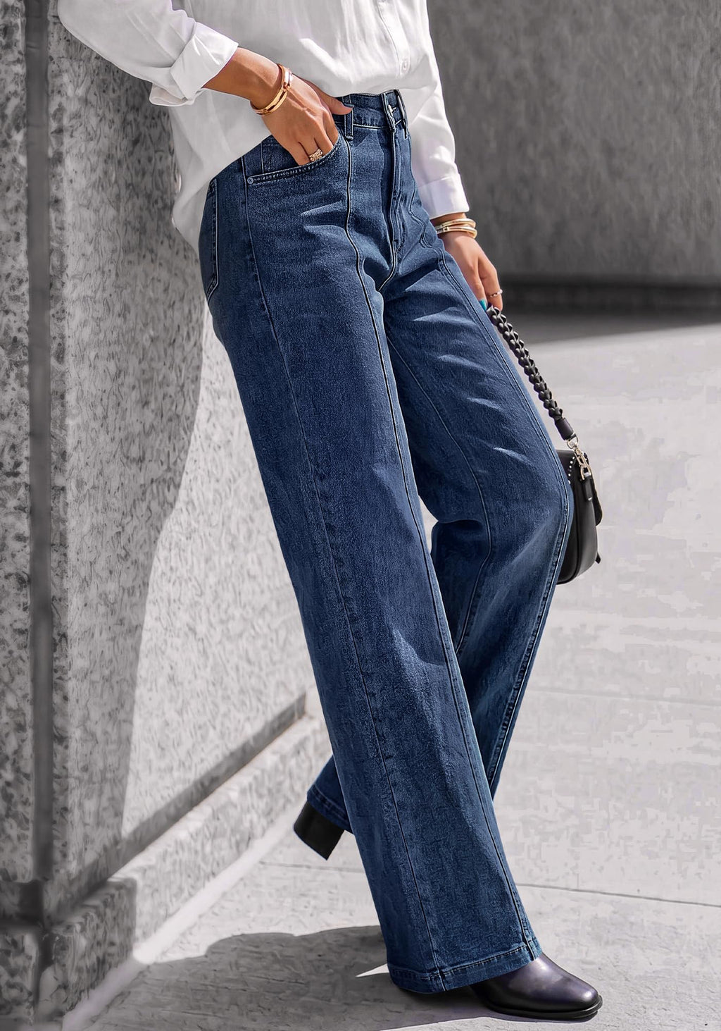 BTFBM Front Seam Stretchy Wide Straight Leg Jeans for Women Trendy Boyfriend Baggy Denim Jeans, High Waisted Palazzo Pants, 5-Pocket, Relaxed Fit, Full Length, Casual Bottoms, Fall Outfits