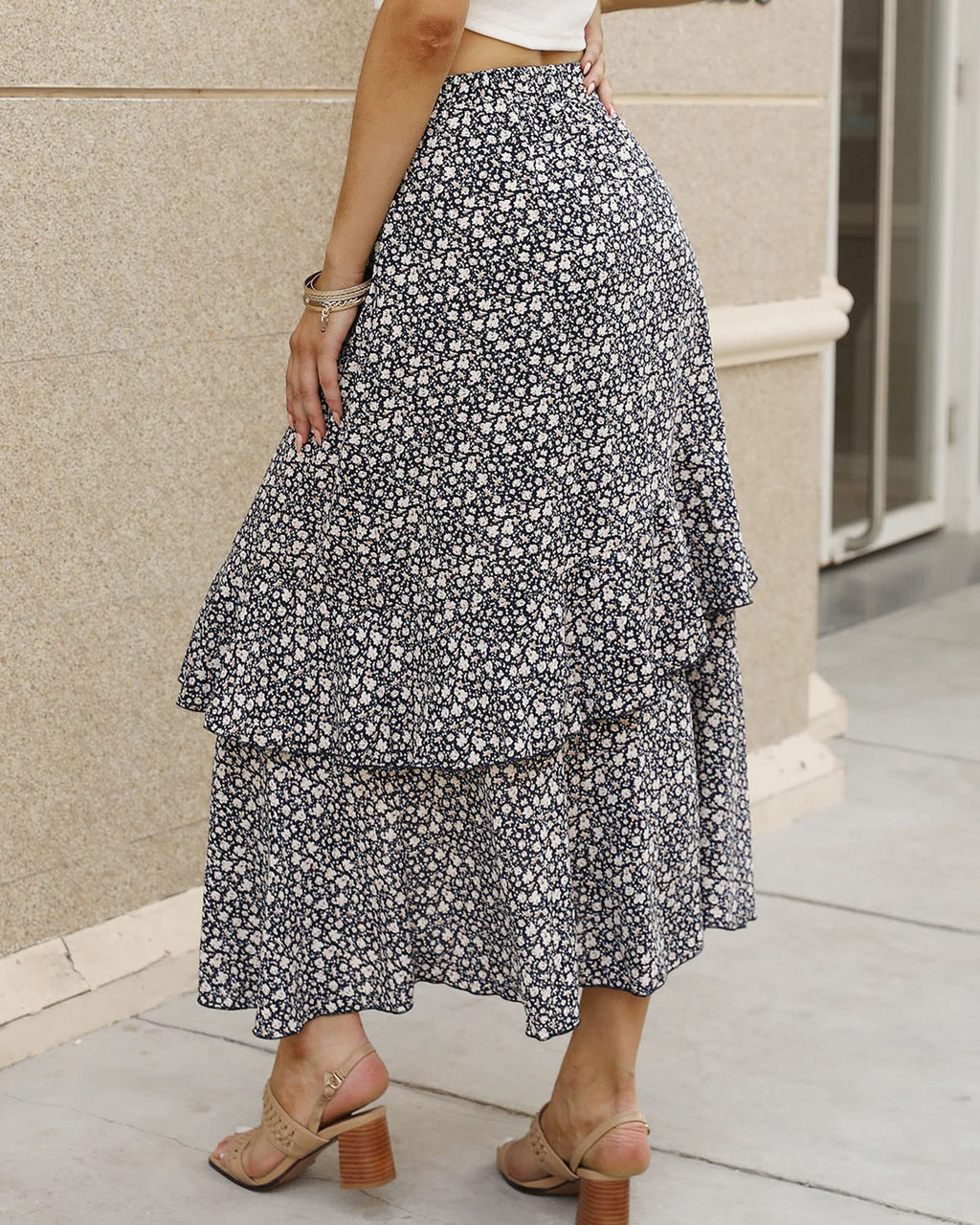 FreshPretty Women Summer Fall Boho Long Skirts Dress Floral Print Elastic Waist Split Ruffle High Low Beach Maxi Skirt