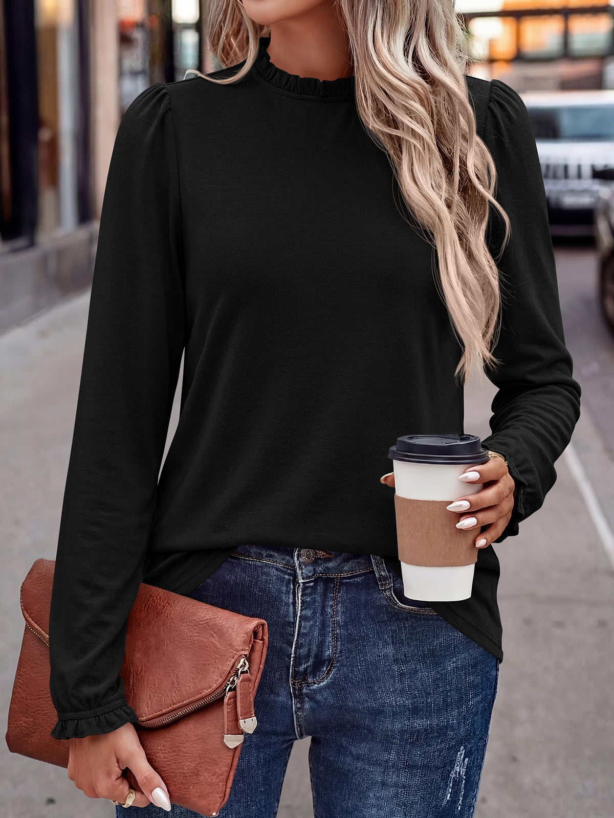 FreshPretty Long Sleeve Tops for Women Business Casual Blouses,Lightweight Knit Work Shirts,Frill Mock Neck Fitted Ruched Office Blouses,Ruffle Cuffs,Keyhole Back,Fall Fashion Clothes