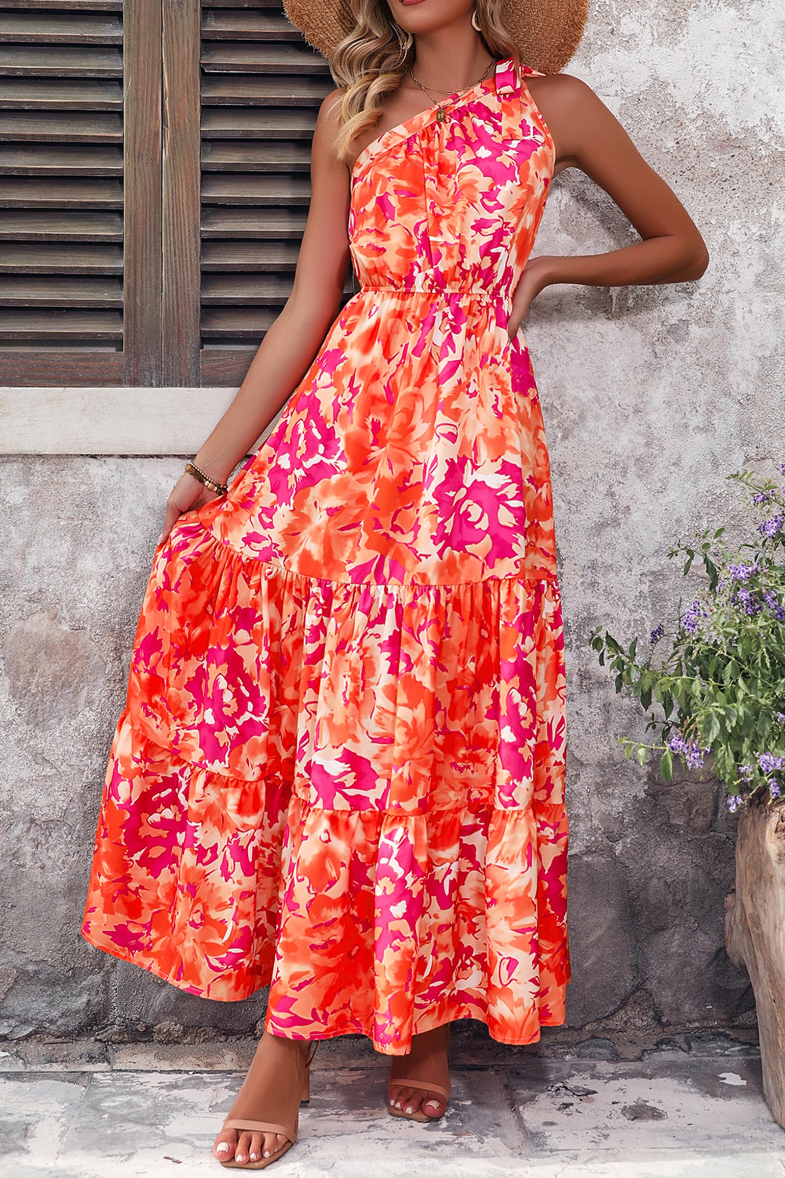 PRETTYGARDEN Women's Summer Floral One Shoulder Maxi Dress Knot Ruffle Boho Beach Vacation Wedding Guest Long Sun Dresses