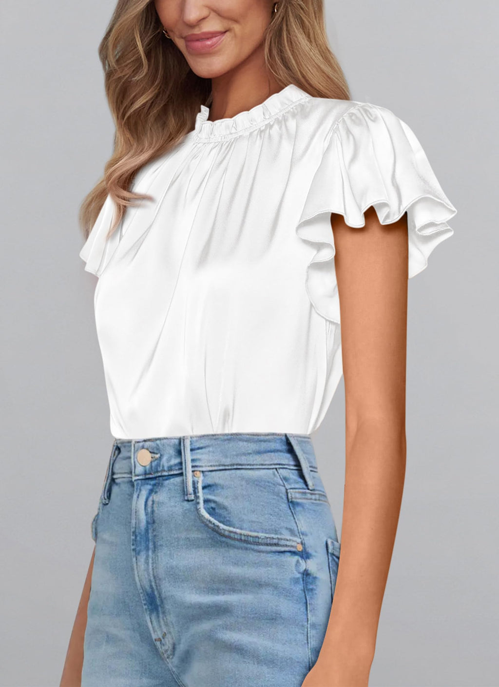 PRETTYGARDEN Business Casual Tops for Women Blouses Dressy  Summer Short Sleeve Ruffle Satin Work Office Attire