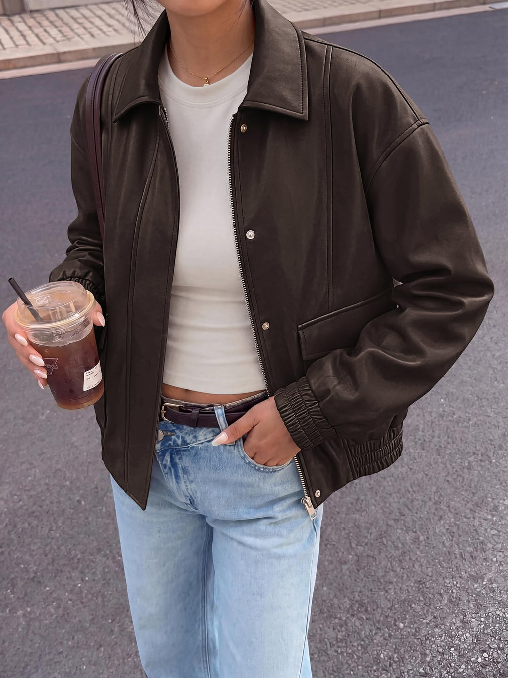 BTFBM Faux Leather Jacket Women Fall Clothes Long Sleeve, Bomber Jackets, Snaps, Pockets, Oversized, Zip Up Motorcycle Outerwear, Airport, Going Out Outfits, Winter Coat