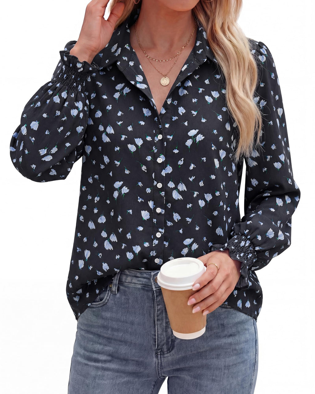 BTFBM Long Sleeve Blouses for Women, Floral V Neck Button Down Shirts, Smocked Cuffs, Business Casual Summer Outfits