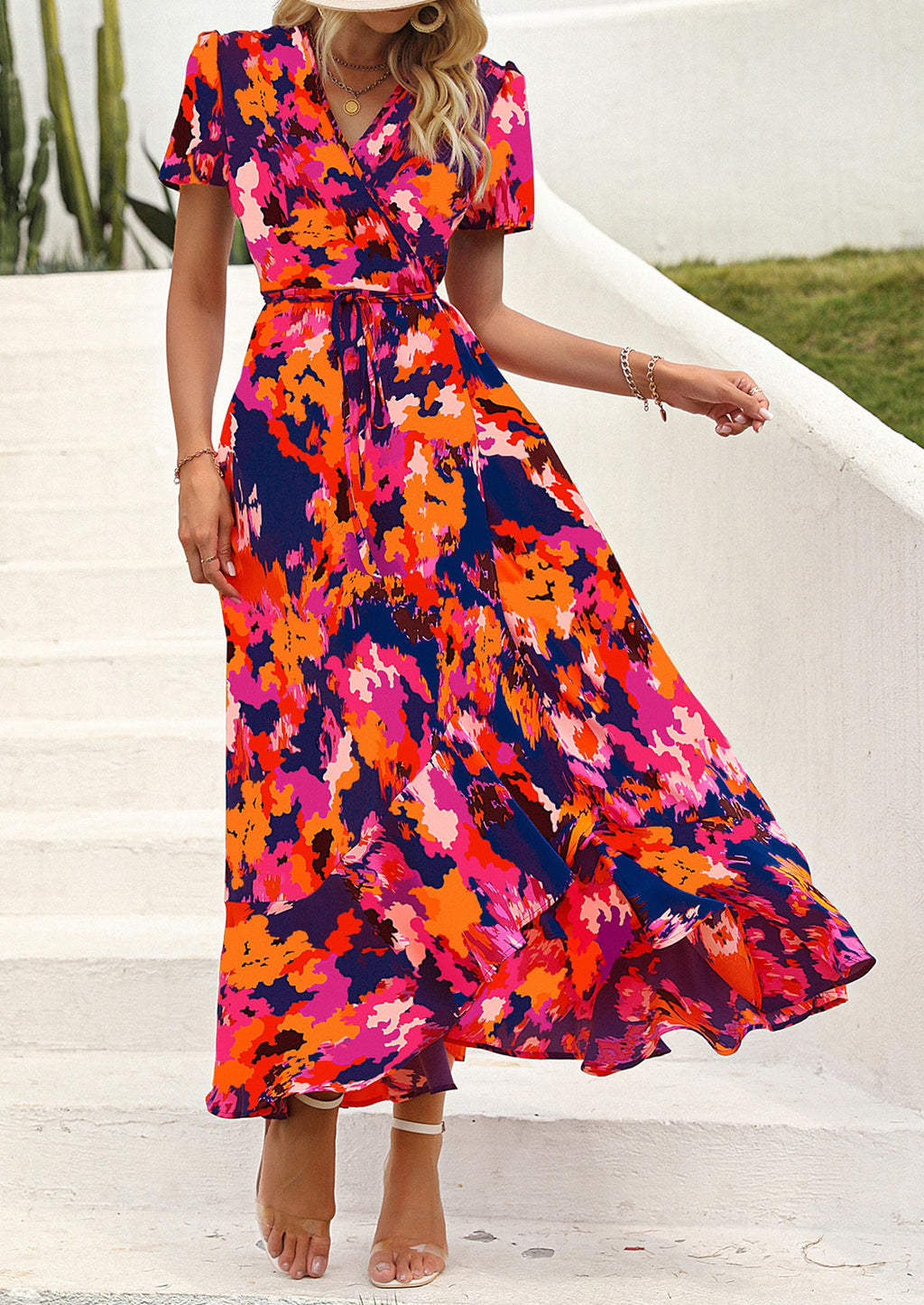 PRETTYGARDEN Women's Summer Maxi Dress Casual Wrap Floral Boho Short Sleeve V Neck Split Ruffle Beach Long Dresses