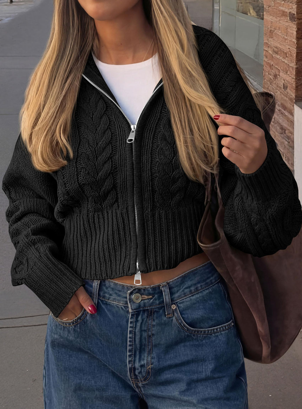 PRETTYGARDEN Women's Cable Knit Cropped Cardigan Sweaters Oversized Sweater, Long Sleeve Zip Up Jacket, Collared Neck, Ribbed Hem, Cozy Soft Casual Wear, Fall Clothes Winter Outerwear