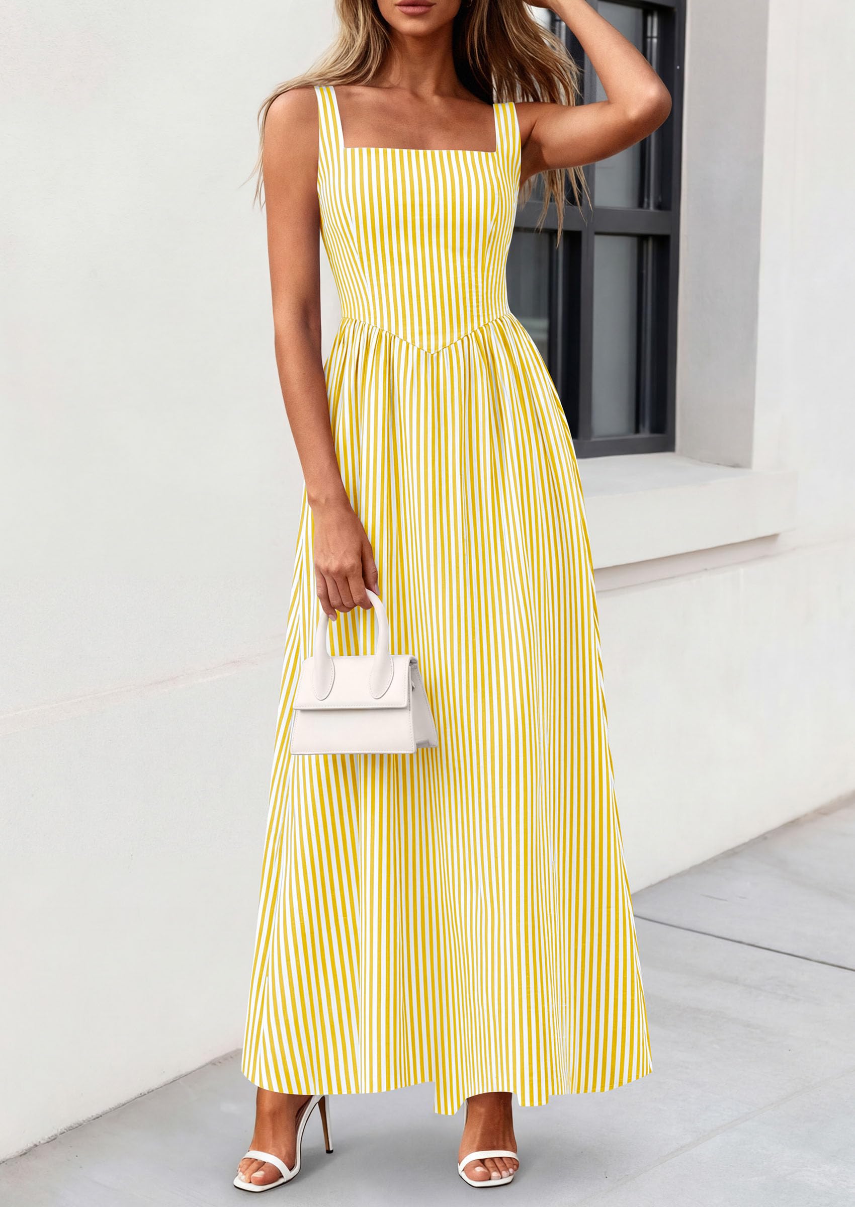 PRETTYGARDEN Women's Maxi Striped Dress Summer Sleeveless Square Neck Smocked A Line Long Flowy Spring Vacation Sundress